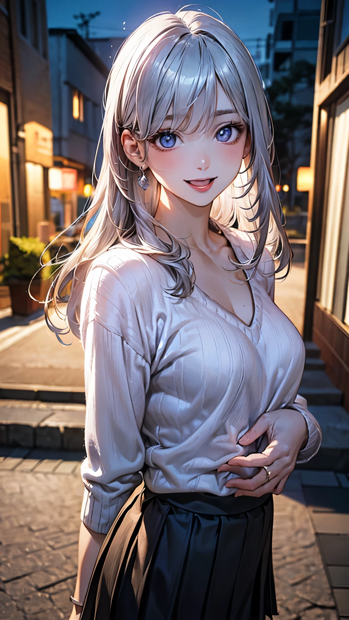 (masterpiece:1.2, top-quality), (realistic, photorealistic:1.4), beautiful illustration, (natural side lighting, movie lighting), nsfw,
looking at viewer, (face focus, upper body), cowboy shot, 1 girl, japanese, high school girl, perfect face, (perfect anatomy:1.4), cute and symmetrical face, white skin, shiny skin,
(long hair:1.2, straight hair:1.2, silver hair), bangs, blue eyes, big eyes, long eye lasher, (large breasts), slender,
beautiful hair, beautiful face, beautiful detailed eyes, beautiful clavicle, beautiful body, beautiful chest, beautiful thigh, beautiful legs, beautiful hands,
(detailed cloth texture, black edging light purple knit sweater, black pleated skirt),
(beautiful scenery), winter, evening, (outdoors), walking, (lovely smile, upper eyes, open mouth small),