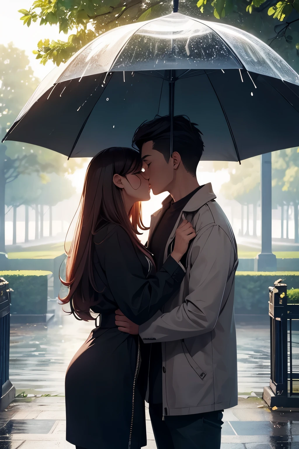 A guy and a girl are standing under the same umbrella, they are kissing, they are in a beautiful park, it is raining, cute, beautiful, close-up