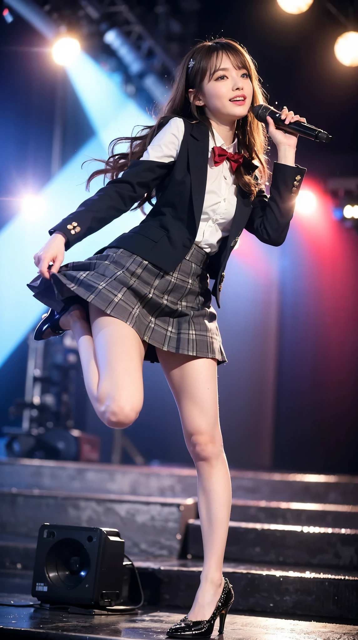 highest quality,masterpiece,Ultra-high resolution,(Actual:1.4),Original photo,Ultra-high resolution，8k，A woman in Nogizaka46&#39;s stage costume，Fair skin，High heels，Long legs:1.5，high waist，Flashy makeup using red eyeshadow，highest quality,masterpiece,Ultra-high resolution,(Actual:1.4),Original photo,Ultra-high resolution，Big smile，Delicate brown hair short cut，女子高生のLive costumesの制服ミニスカート，Live costumes:Schoolgirl uniform jacket，She is jumping with her skirt up:1.5，Concert Venues，Low - Angle，