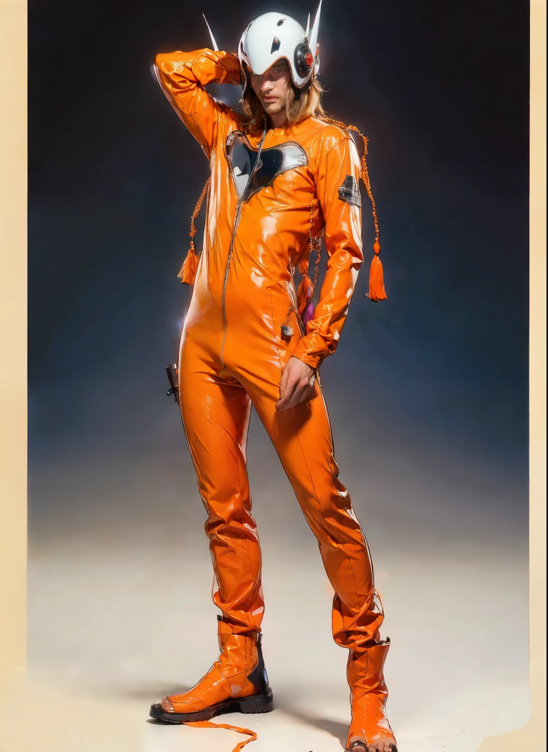 perfect proportions, anatomically correct, (head to toe: 2.0), (full body image: 2.0), solo, (Casshern: 1.6), extremely stylized, deviant art, masterpiece, highly detailed, detailed eyes, expressive detailed eyes, detailed pupils, futuristic, ((1950s scifi helmet)), ((pointy helmet)), Rubber Gloss, (orange skinsuit:1.4), white boots, entire body image, full body shot, nvinkpunk, professional photograph of alexander_skarsgard, tassles, large beads, large tassels, navy blue and white, cyberpunk, inkpunk, paint platter, ink splatter, (action pose:1.0)