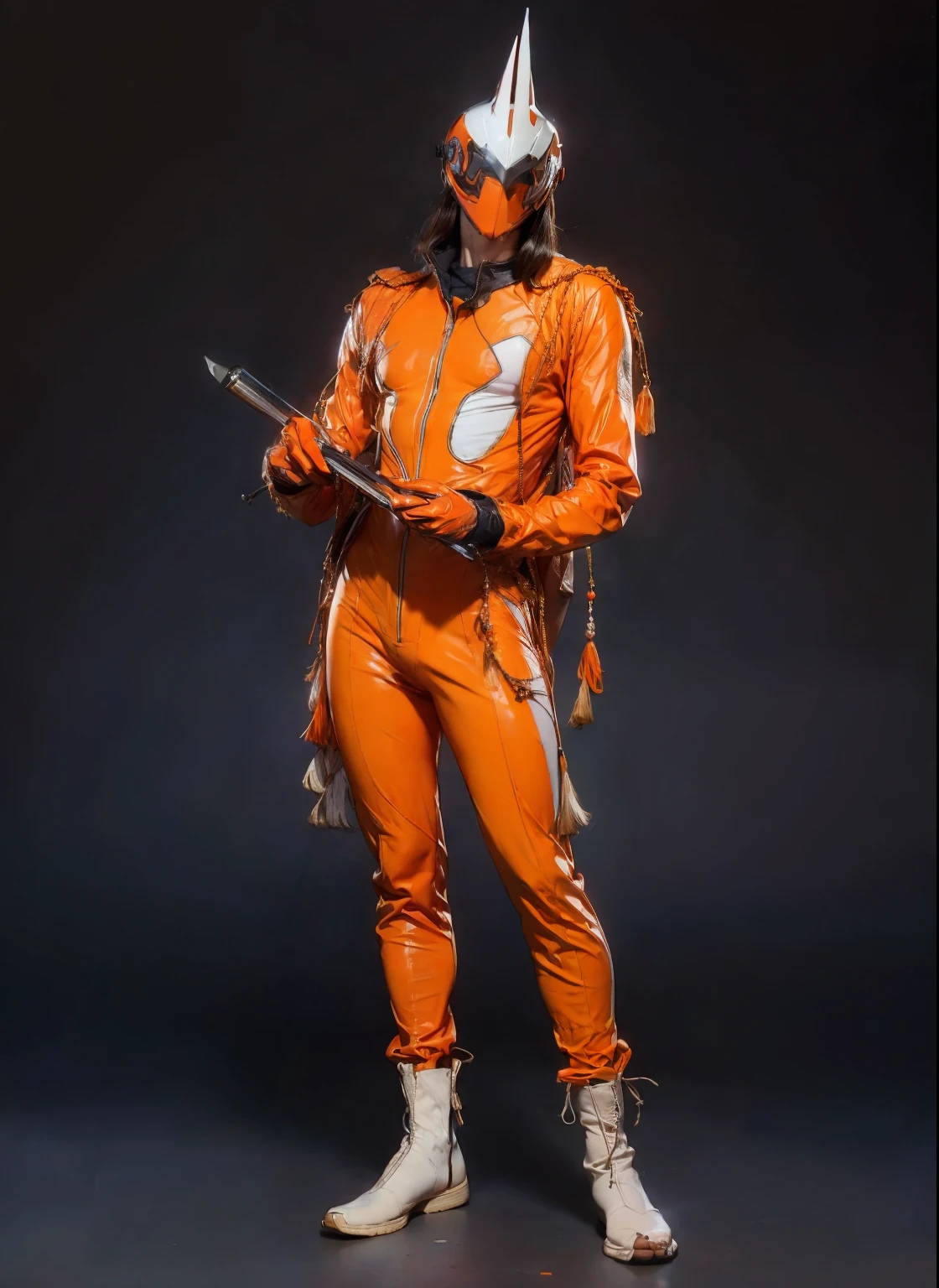 perfect proportions, anatomically correct, (head to toe: 2.0), (full body image: 2.0), solo, (Casshern: 1.6), extremely stylized, deviant art, masterpiece, highly detailed, detailed eyes, expressive detailed eyes, detailed pupils, futuristic, ((1950s scifi helmet)), ((pointy helmet)), Rubber Gloss, (orange skinsuit:1.4), white boots, entire body image, full body shot, nvinkpunk, professional photograph of alexander_skarsgard, tassles, large beads, large tassels, navy blue and white, cyberpunk, inkpunk, paint platter, ink splatter, (action pose:1.0)