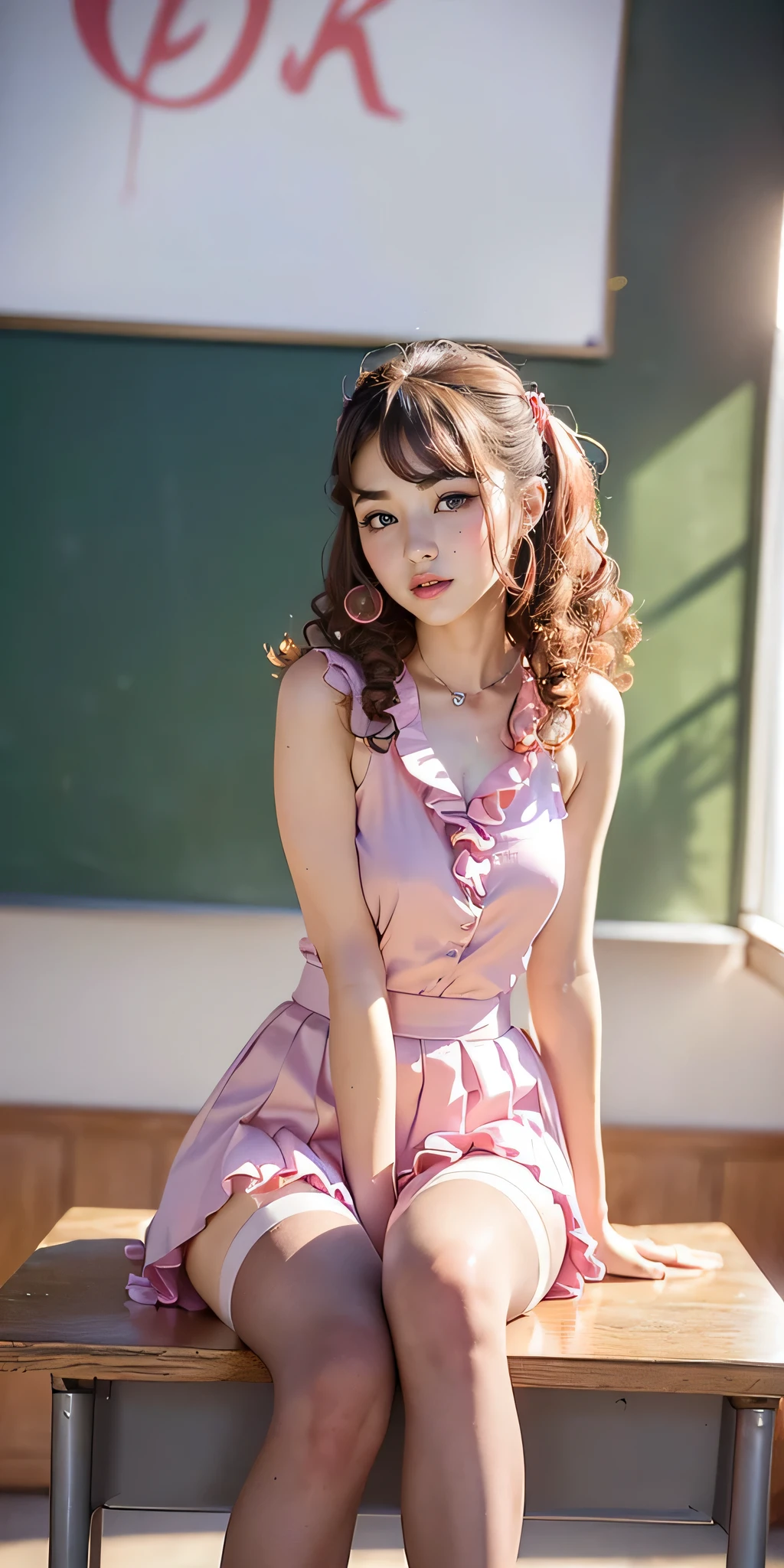 ((8k, RAW Photos, highest quality, masterpiece), High resolution RAW color photos、Professional close-up photography, (Realistic, Photorealism: 1.37), (highest quality), (Best Shadow), (Best illustrations), clavicle ((big)), ((erotic, sexy, Ultra-high resolution, High quality CG integrated 8K wallpaper, Physically Based Rendering, Cinema Lighting), 18-year-old girl, (wearing silk stockings,Wear a shirt in pink color,Wearing high heels,Frill skirt in pink color), High school classroom, Beautiful details in the eyes, Light on the face, ((full body shot: 1.2)), Particularly strong light, (Upward glance, The look of temptation:1.2),Shiny skin, (((Side Up、curly hair))), ( Beautiful thighs), Ulzzang-6500-v1.1:0.2, shy, (flash:1.2), Browsing Caution , ((Seductive posture: 1.2, Charm: 1.2)), (Idol), (sitting at a desk in the classroom: 1.2)), ((Excellent anatomy: 1.2)), ((Bright and refreshing classrooms, The background is blurred: 1.2)), Perfect Face, Cute face, (Low angle shot:1.2)、Gazing at the audience