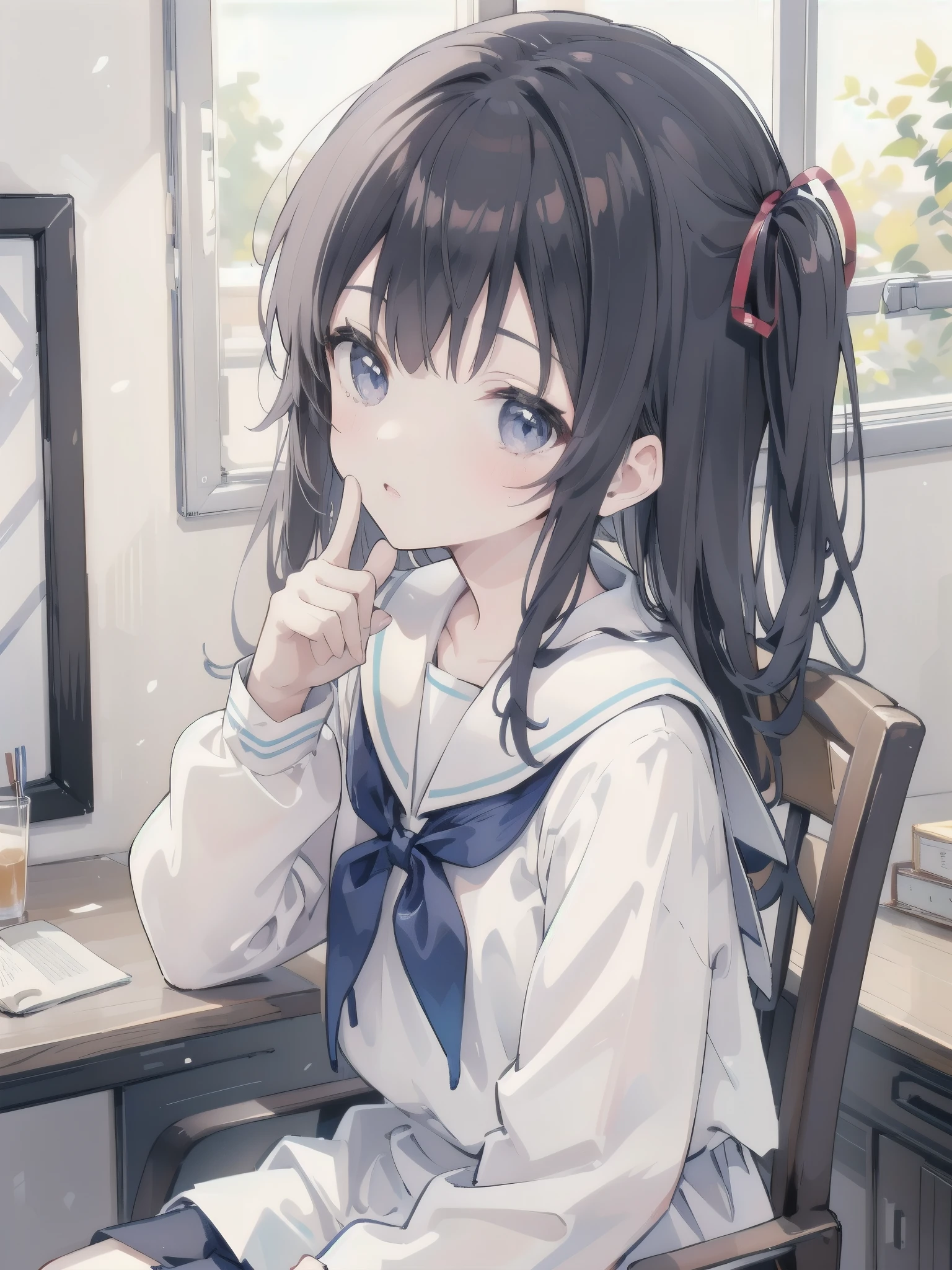 there is a young girl in a sailor suit sitting on a chair, seifuku, shikamimi, chiho, with index finger, sakimichan, iwakura lain, close up iwakura lain, shiori teshirogi, kotegawa yui, sailor uniform, narumi kakinouchi, jk uniform