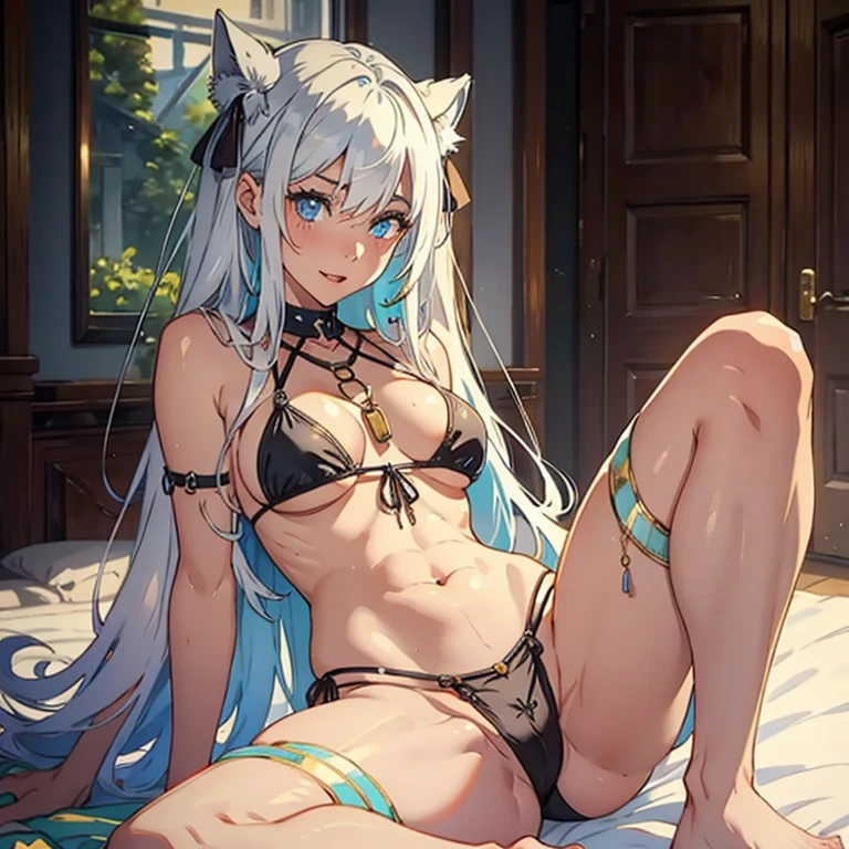 highest quality, Mastery, High resolution, masterpiece, 8k, High detailed, Best illustrations, Beautiful detailed Eye, detailed, 20-year-old women, Hyper detailed, Perfect hands, Beautiful artwork, Master quality, Best Shadow, Lighting that highlights characters, Realistic Face detaileds, realism, 3D Face, Floating nipple, Slave chains, Slave Collar, Lying in bed, Slave clothing, Eyes Wide Open, Sticking out tongue,- tongue out, crazy, Open your mouth, shout, Ahegao, Heavy breathing, blush, Sweat, slave clothes, variegated hair, dumpling hair, whole body, 完全な絵のmasterpiece, highest quality, Colorful Hair, Two Girls, bangs, Long Hair, Middle Chest, upright, Summer day background, Mature Woman, Facing the audience, Leg spread, String Bikini, (White transparent slingshot), Small clothes