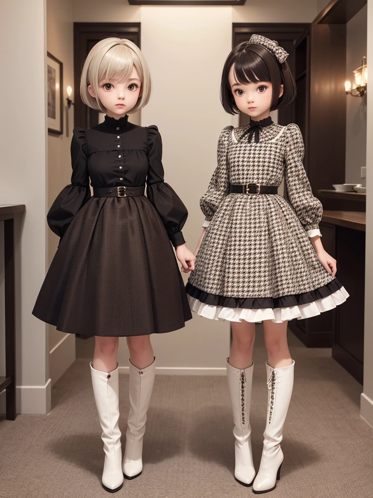 Pretty girl 1girl、Standing in front of the viewer、Masterpiece、Official Art、high waist、Brown and dark brown houndstooth A-line dress、Dark piping、Puff sleeves、Super detailed、super beautiful、white straight short hair、Knee-high boots、