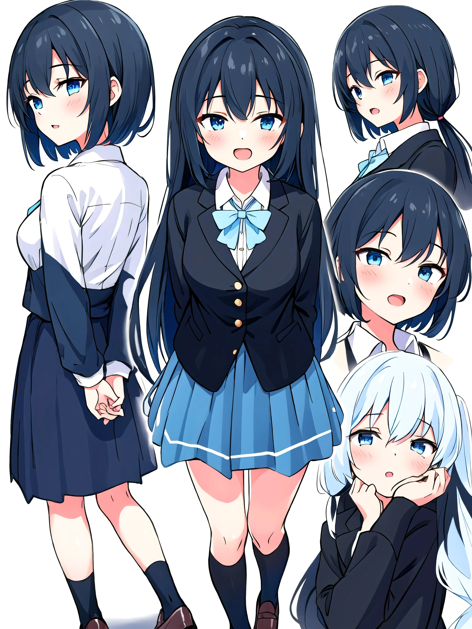 White background、Solid white background、Blank background、one girl, Ultra-high resolution, highest quality,black hair、straight long、Black Hair、Full body shot from the front,arms behind back、Put your hands behind your back、Hide your handedium bust、busty、beautiful detailed eyes、Blue Eyes、Black hair × Blue eyes、blue eyes、straight long hair、Solo,Era: Late 20s, Open your mouth without showing your teeth、Smile with mouth wide open、Open your mouth wide、Clothes with open buttons、clothes with open buttons、black long sleeve blazer clothes,Black pleated skirt、Knee-high socks、loafers