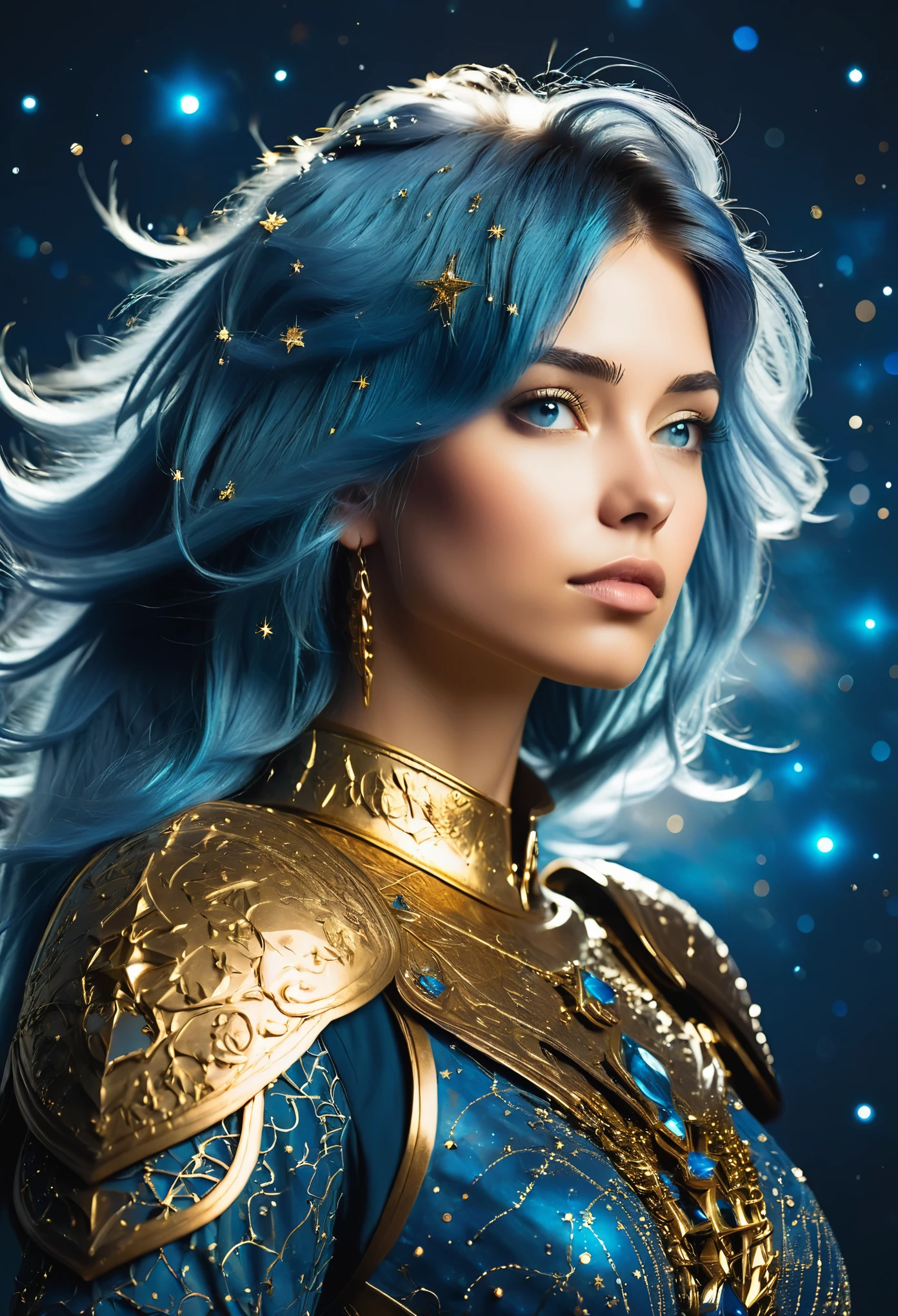 a stylized young caucasian woman warrior ((silhouette)) formed by bright stars. with straight long light blue messy hair. Straight hair. medieval golden ornate armor. Cosmic background.