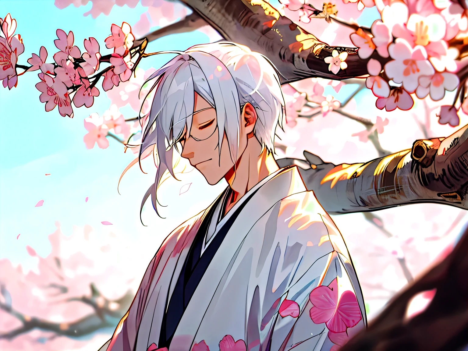 1 young man, White haired, close your eyes, kimono, cherry blossoms,