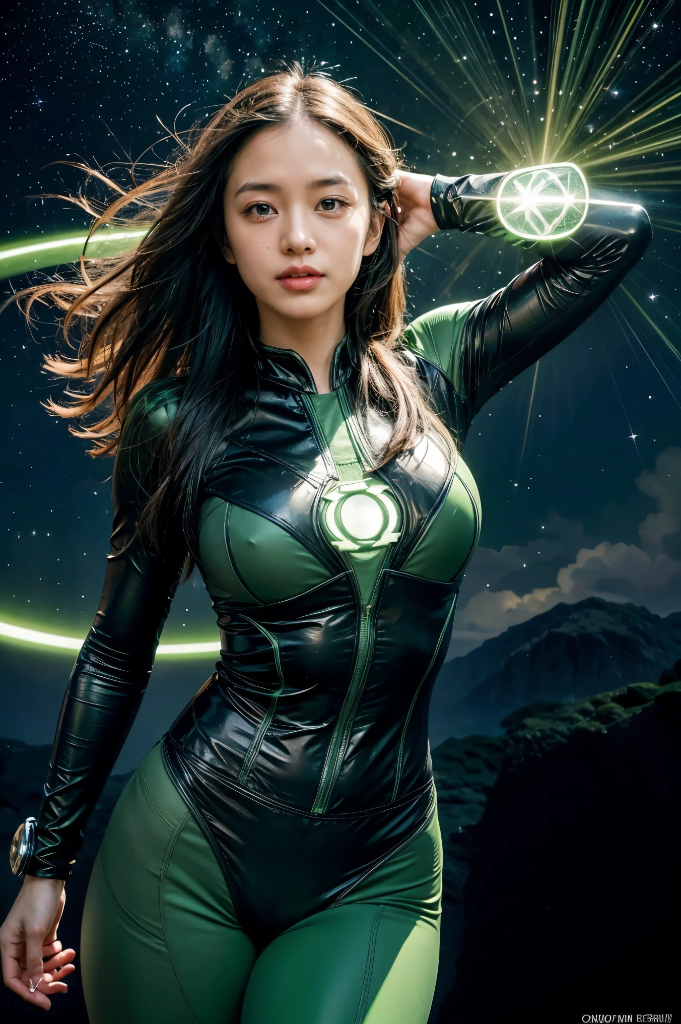 (best quality, 4k, highres, photorealistic), (concept art: 1.2), (bright colors: 1.1), (glowing effect: 1.1), (intense green: 1.2), (dynamic pose: 1.1), (powerful aura: 1.2), (fierce expression: 1.1), (sparkling eyes: 1.1), (flowing hair: 1.1), (ethereal beauty: 1.3), (background: cosmic scenery), (cosmic energy: 1.2), (vibrant stars: 1.1), (energy beams: 1.1), (futuristic technology: 1.2)

A beautiful woman with lined lips, wearing a green bodysuit that tightly hugs her muscular and toned skin. Her outfit covers her navel and is adorned with intricate makeup designs. She is the iconic Green Lantern, a superhero with extraordinary powers from the DC Comics universe.

This version of Green Lantern is a muscular and powerful female character, wearing an all-green uniform that accentuates her figure. Her bodysuit is fitted to her form, emphasizing her curves. The viewer's attention is drawn to her medium-sized breasts, which are beautifully detailed and add to her realism and overall aesthetic.

As she looks directly at the viewer, her captivating gaze is enhanced by the realism of her eyes, which sparkle with intensity. Her expression is fierce and determined, displaying her unwavering dedication to protecting the innocent.

The artwork is of the highest quality, with a resolution of 4K, showcasing every ultra-detailed aspect of the beautiful woman. The photorealistic style brings her to life, making her appear as if she could step off the canvas and into reality.

The artist has captured the essence of Green Lantern's power and aura, with a vibrant and dynamic pose. Her body emanates a powerful and glowing green energy, which forms a captivating background of cosmic scenery. The starry night sky is filled with vibrant and vivid colors, giving the artwork an otherworldly feel.

The cosmic energy radiating from Green Lantern is depicted through energy beams and futuristic technology surrounding her. The intensity of her power is further emphasized by the bright and glo