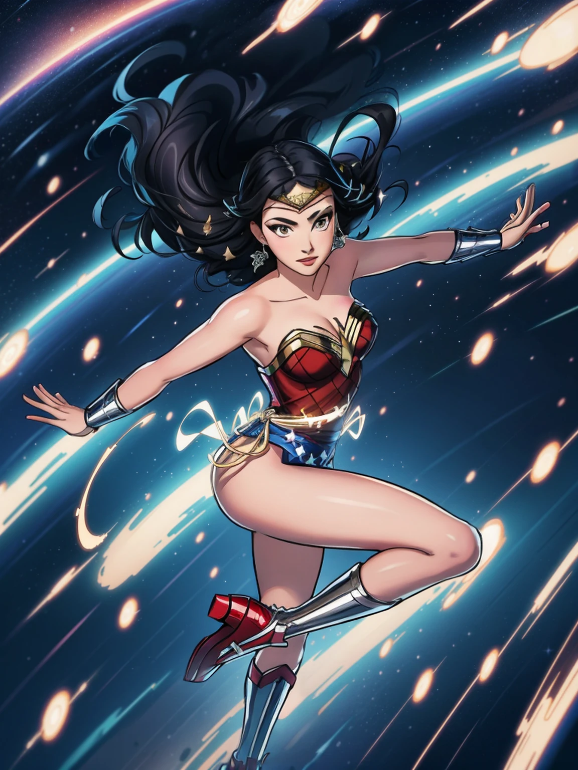 1girl, wonder woman, black hair, long hair, leotard, bare legs, boots, gloves, space, solo, single, spread arms, standing, spinning like a tornado, light particles, sparkling, super speed, solo, single, speed lines, rapid gyration, tornado spin, light swirls