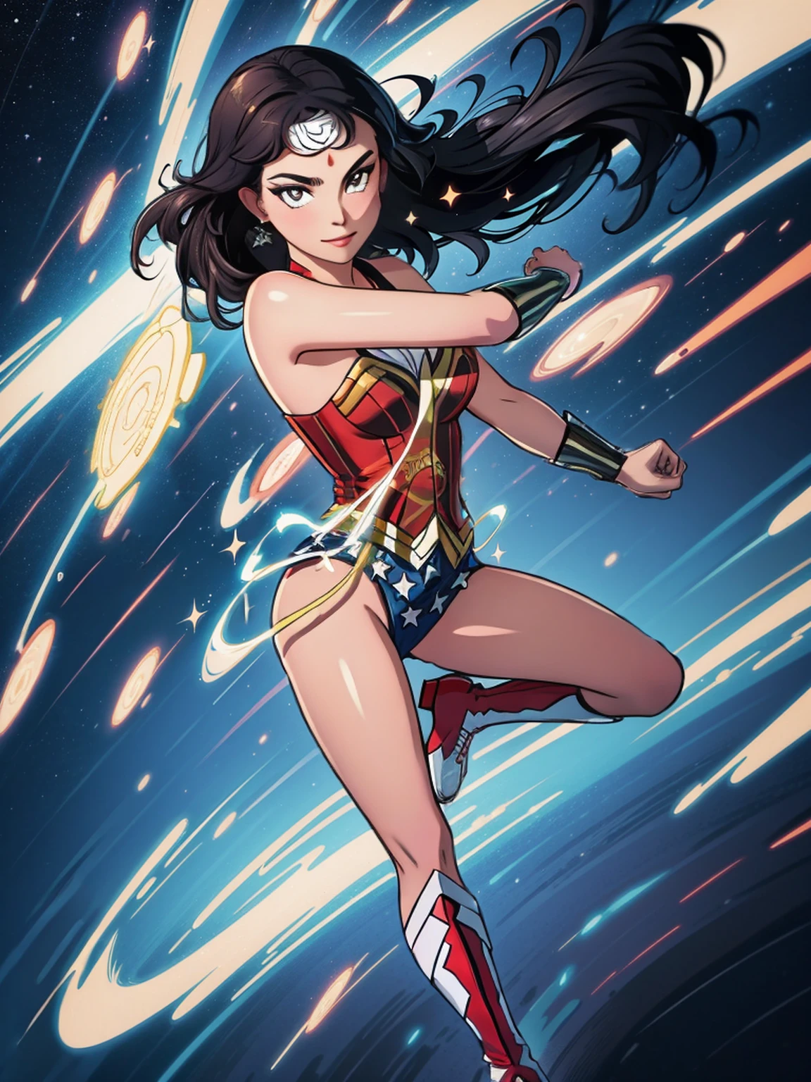 1girl, wonder woman, black hair, long hair, leotard, bare legs, boots, gloves, space, solo, single, spread arms, standing, spinning like a tornado, light particles, sparkling, super speed, solo, single, speed lines, rapid gyration, tornado spin, light swirls