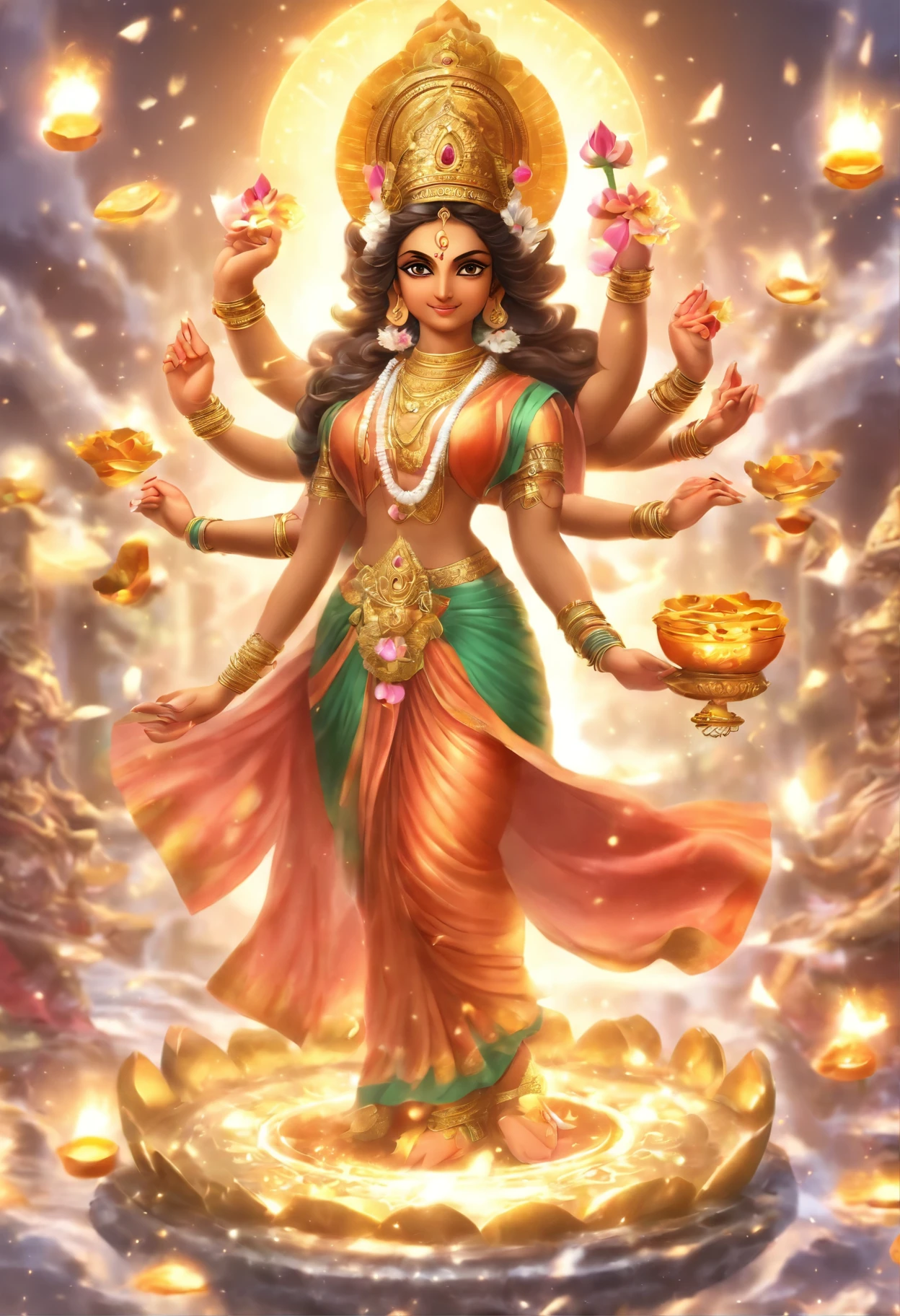 (((Lakshmi))) highest quality, Ultra-high resolution, 4K fine CG, masterpiece, Hindu goddesses, hindu mythology, ((Goddess of wealth)), hinduism image, beautiful, Center of screen