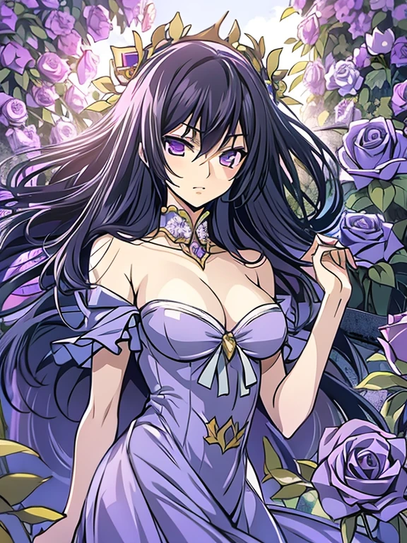 masterpiece, best quality, 1 girl,solo,codegeass,lelouch,Feminization、Feminization,18-year-old、 Long Hair、Black Hair、beautiful purple eyes、Beautiful Hair、170cm, Small waist、Beautiful body、Beautiful breasts、A purple summer dress that reflects the whole body、Blue rose corsage