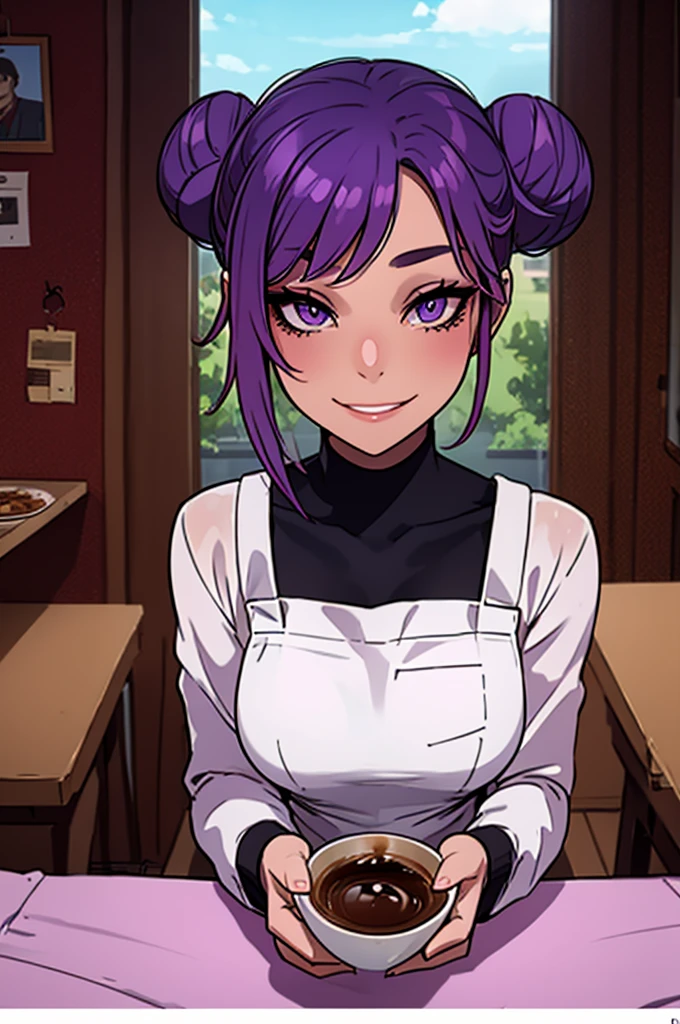 Masterpiece, best quality, 20 years old, college student, portrait, portrait style photo, female, dark sun tan skin, face in center of photo, excited expression, black long sleeve shirt with white apron, short, young, coffee cup,eyes winking, big smile,no make-up, barista, peach lips, space bun hair, pastel purple hair, cafe landscape, purple eyes, cute