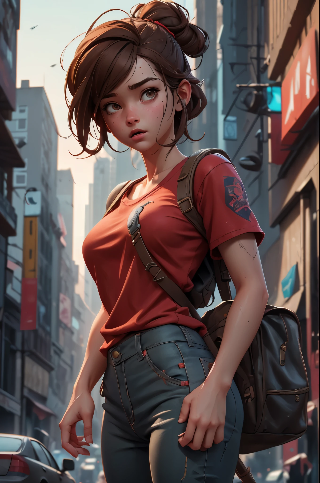 NSFW, Masterpiece, 1.4 Top Image 4K, Ellie The Last Of Us, Brown Hair, Red Shirt, Dark Blue Pants, Rendering In An Apocalyptic City, Showing Panties, Ultra Realistic, 4K Wallpaper, EnvyBetterHands LoCon.