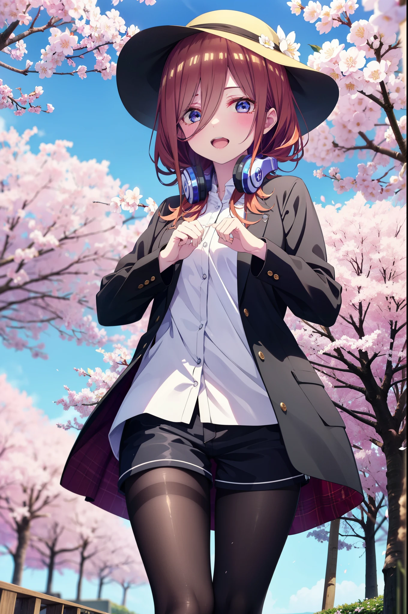 Miku Nakano, Miku Nakano, Long Hair, bangs, blue eyes, brown hair, shirt, Hair between the eyes, smile,blush,Open your mouth,Headphones around neck,オーバサイズチェック柄shirt,Shorts,Black pantyhose,Hunting Hat,short boots,Cherry blossoms are blooming,Cherry blossoms are scattered,Cherry blossom tree-lined path,whole bodyがイラストに入るように,
break outdoors, garden,
break looking at viewer,whole body, (Cowboy Shot:1. 5)
break (masterpiece:1.2), highest quality, High resolution, unity 8k wallpaper, (figure:0.8), (Beautiful fine details:1.6), Highly detailed face, Perfect lighting, Highly detailed CG, (Perfect hands, Perfect Anatomy),
