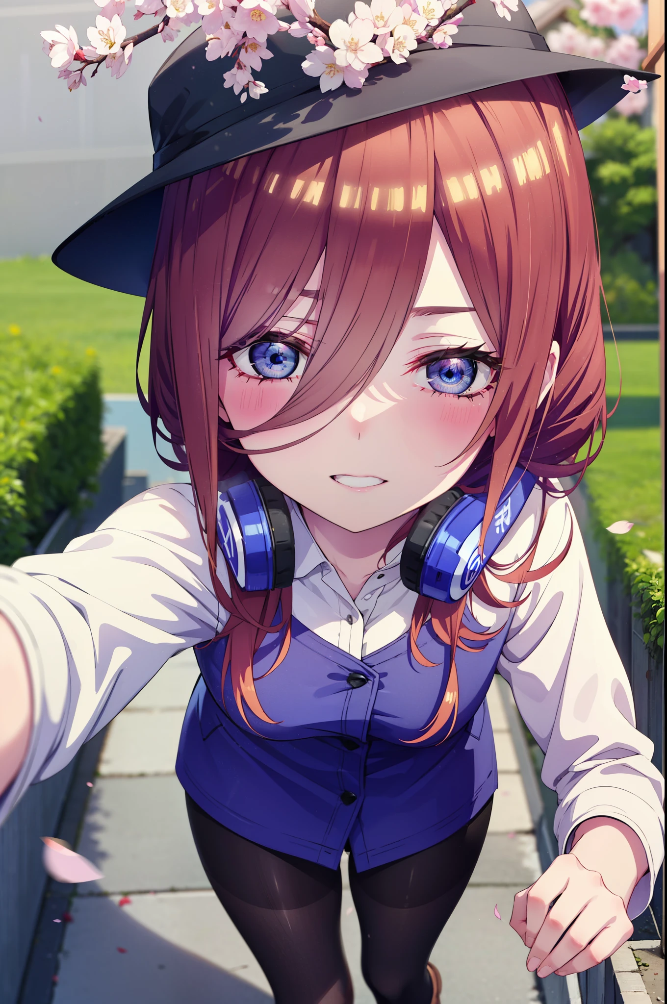 Miku Nakano, Miku Nakano, Long Hair, bangs, blue eyes, brown hair, shirt, Hair between the eyes, smile,blush,Open your mouth,Headphones around neck,オーバサイズチェック柄shirt,Shorts,Black pantyhose,Hunting Hat,short boots,Cherry blossoms are blooming,Cherry blossoms are scattered,Cherry blossom tree-lined path,whole bodyがイラストに入るように,
break outdoors, garden,
break looking at viewer,whole body,  (Cowboy Shot:1. 5)
break (masterpiece:1.2), highest quality, High resolution, unity 8k wallpaper, (figure:0.8), (Beautiful fine details:1.6), Highly detailed face, Perfect lighting, Highly detailed CG, (Perfect hands, Perfect Anatomy),