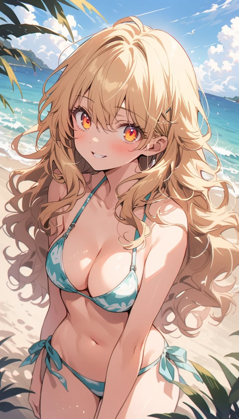 (That's horrible:1.3) Close photo, Cherry Nobody SD15, (Beautiful Face:1.1), (25 years:1.5), Fine grain, Dynamic pose, (Big eyes:1.0), (Toned body:1.1), (Long Wavy Hair:1.2), Big cleavage, wear (bikini:1.4), Sandy Beach, (primary color:1.3)、(highest quality、masterpiece、High resolution、detailed)animeスタイル、flat style、(Shining Eyes、detailedBeautiful Face), BREAK,1 girl、anime
