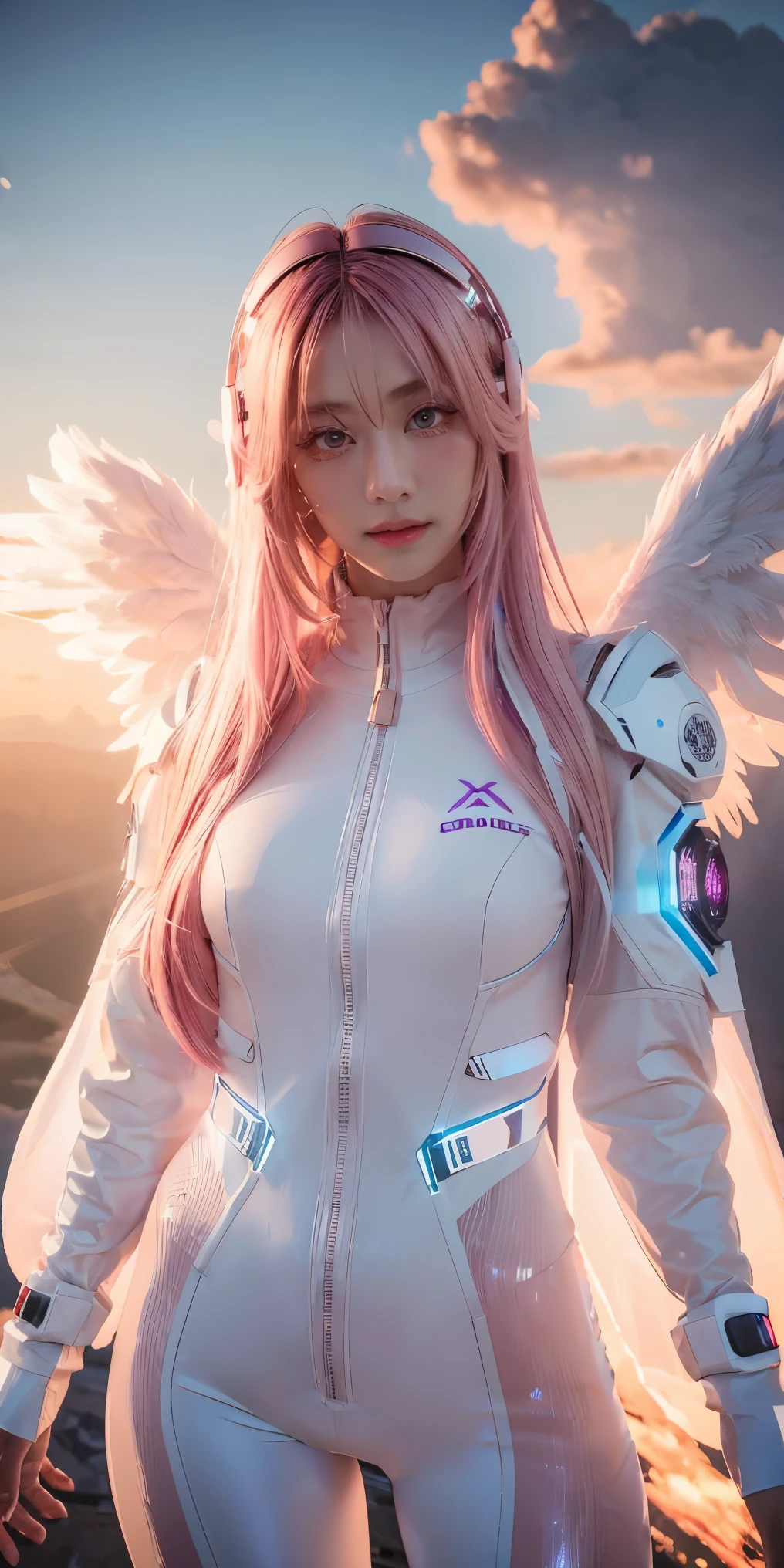 ((masterpiece, best quality, extremely detailed), volumetric lighting, ambient occlusion, colorful, glowing),
1girl, solo, young girl, (pink hair), long hair, halo, aura, sacred, godness, cyber suit, (white outfit:1.3), android, bot, angel wings,
outdoors, sunset, sky, clouds, space, (cyberpunk theme:1.2),