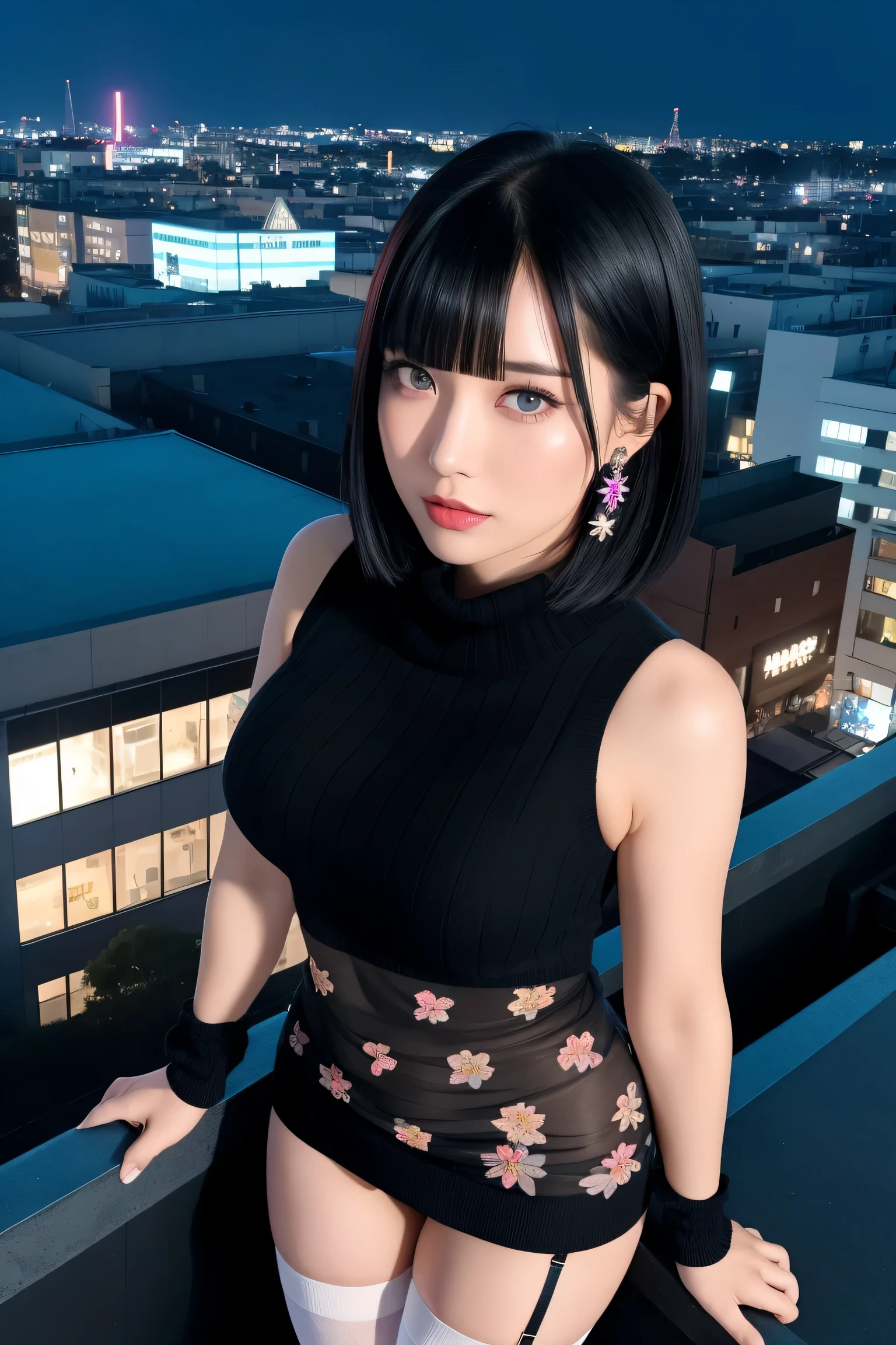 ((Rooftop of a building: 1,3)), ((Goth_punk, alone, Medium Shot, Walking the rooftops of Harajuku, ((night)), Blur, Neon Light, Rainbow Eyes, Starry Sky, Shiny black hair, White eyebrows, Shiny Hair, (Rainbow black hair), Earring, good, jewelry, Blunt bangs, Busy eyes, Background Blur, Blur, hair ornaments, sight, short hair, Portraiture, Side Lock break ((Swedish girl, White skin, White)),((Women's work suits:1.3)), break (Gal: 1. 1),(Glamour: 1. 3),(night),(Supermodel: 1.3)),break ((earring, ring)), Cowboy Shot,((Tall people)),((Android)),((Look Up)),((Top Angle:1. 3)), From above, looking at the camera,((Event Companion)),((Thin see -through)) Tight-fitting underwear with straps)),((black knee socks)),((big thighs)),(big butt),((Floral dress)),((Sheer Spring Sweater)),((Sheer Spring Sleeveless)),