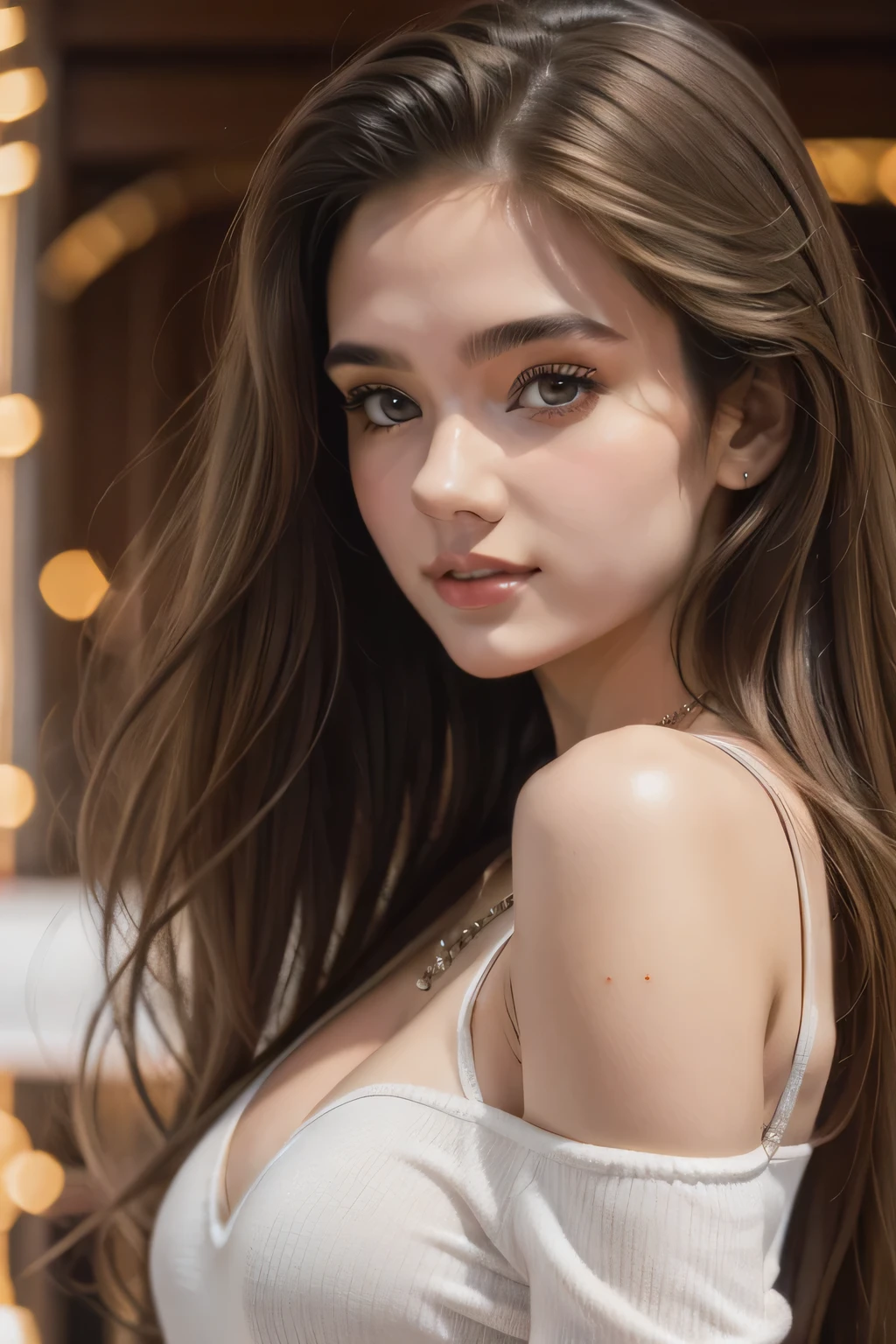 1 girl 18 years old, only, long hair, medium size , looking at the audience, blonde hair, bare shoulders, brown eyes, decorations, full body, necklace, off shoulder, pullover, lips, realistic, nose, Flirt with the camera