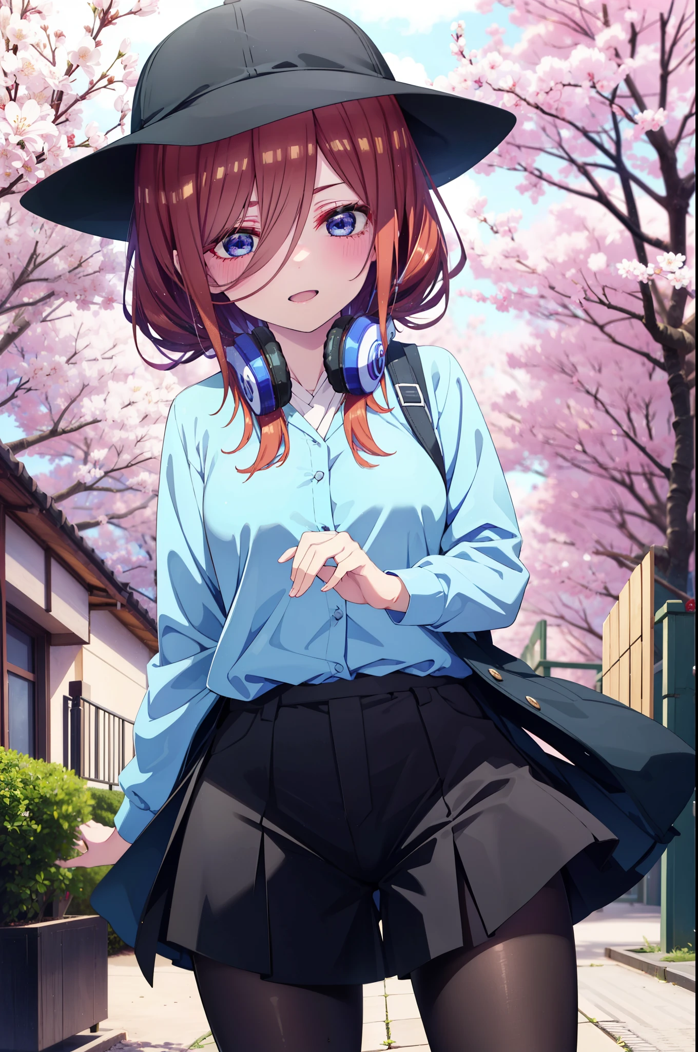 Miku Nakano, Miku Nakano, Long Hair, bangs, blue eyes, brown hair, shirt, Hair between the eyes, smile,blush,Open your mouth,Headphones around neck,オーバサイズチェック柄shirt,Shorts,Black hose,Baseball hats,short boots,Cherry blossoms are blooming,Cherry blossoms are scatt,Cherry blossom tree-lined path,whole bodyがイラストに入るように,
break outdoors, garden,
break looking at viewer,whole body, (Cowboy Shot:1. 5)
break (masterpiece:1.2), highest quality, High resolution, unity 8k wallpaper, (figure:0.8), (Beautiful fine details:1.6), Highly detailed face, Perfect lighting, Highly detailed CG, (Perfect hands, Perfect Anatomy),