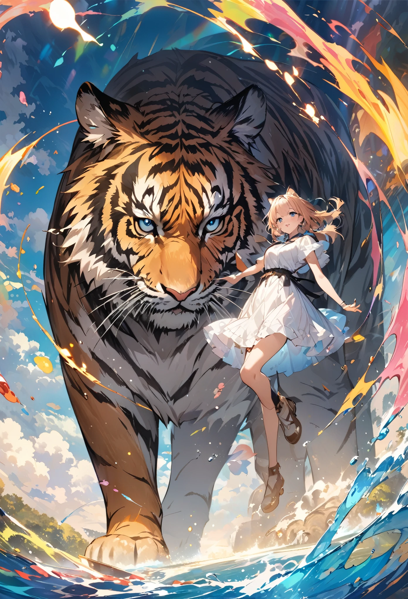 (masterpiece, top-quality, Official art:1.2)Look at view, tiger and girl, Tiger painting, A flash of light runs, Colorful water levitation(2D:1.5),