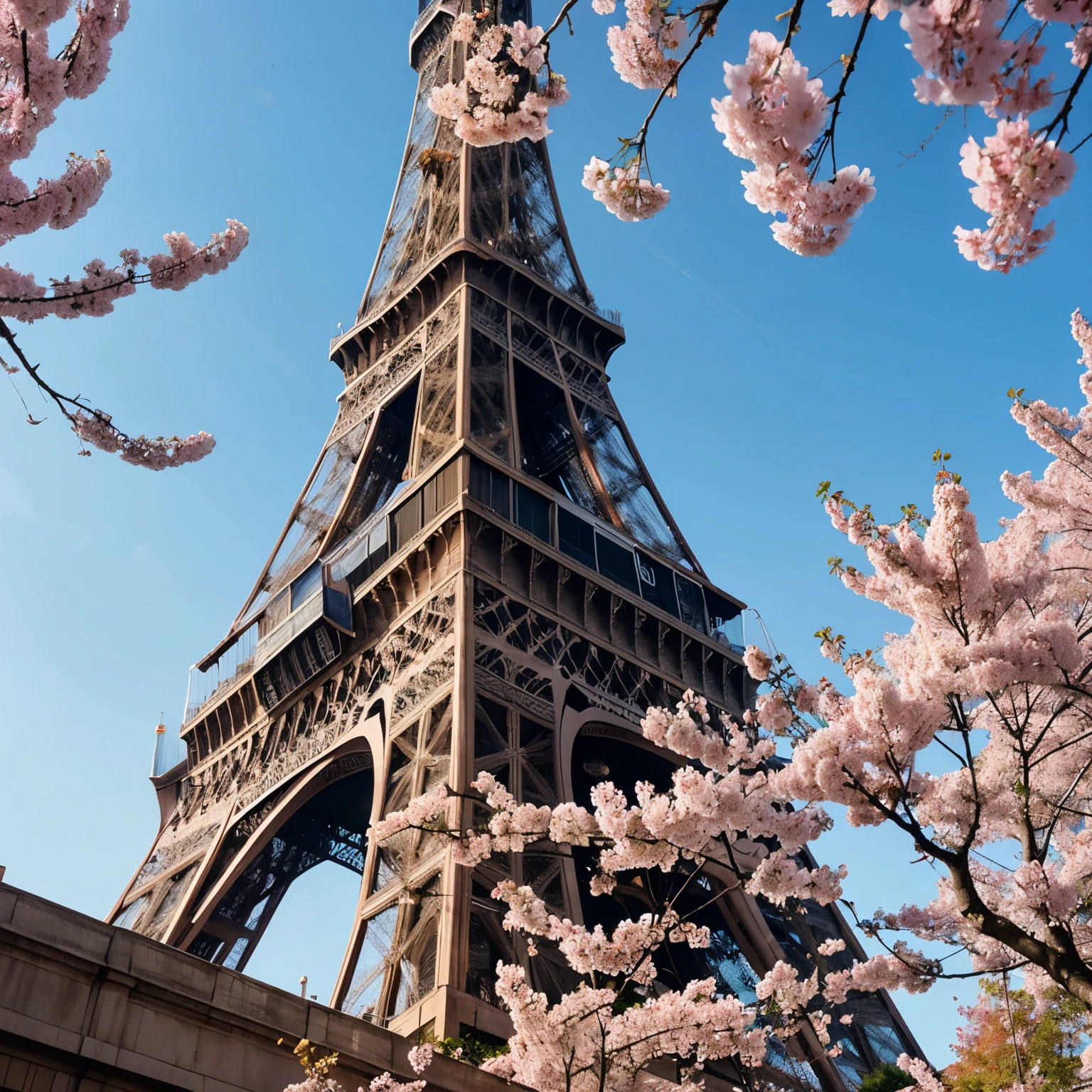 Sakura tree with eiffiel tower background and hand try to reach