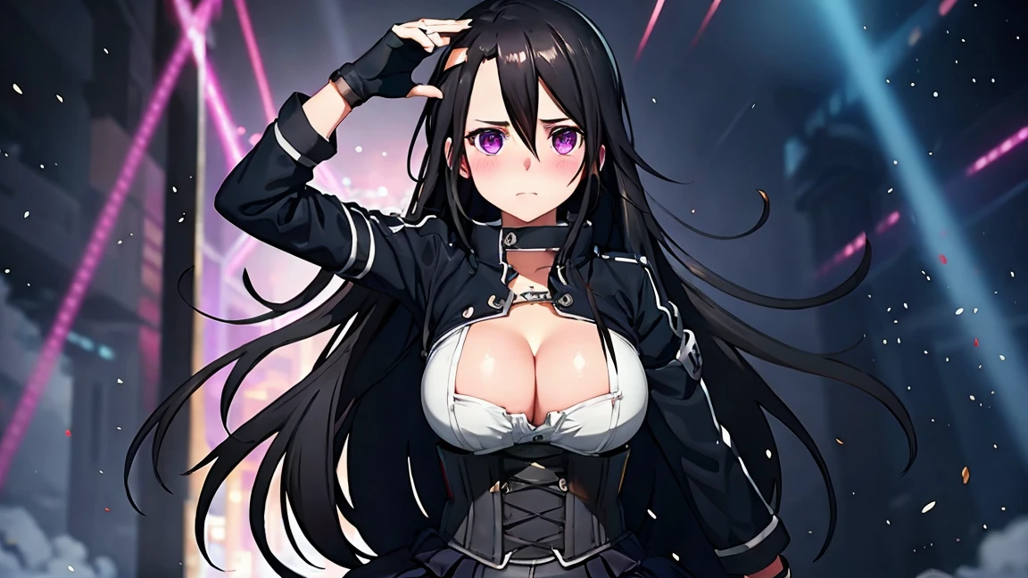 Kirito, black garter belt,Super big breasts breast enlargement , overthrown Jacket, skirt, corset long hair, blushing, purple eyes, sci-fi urban full-body shot