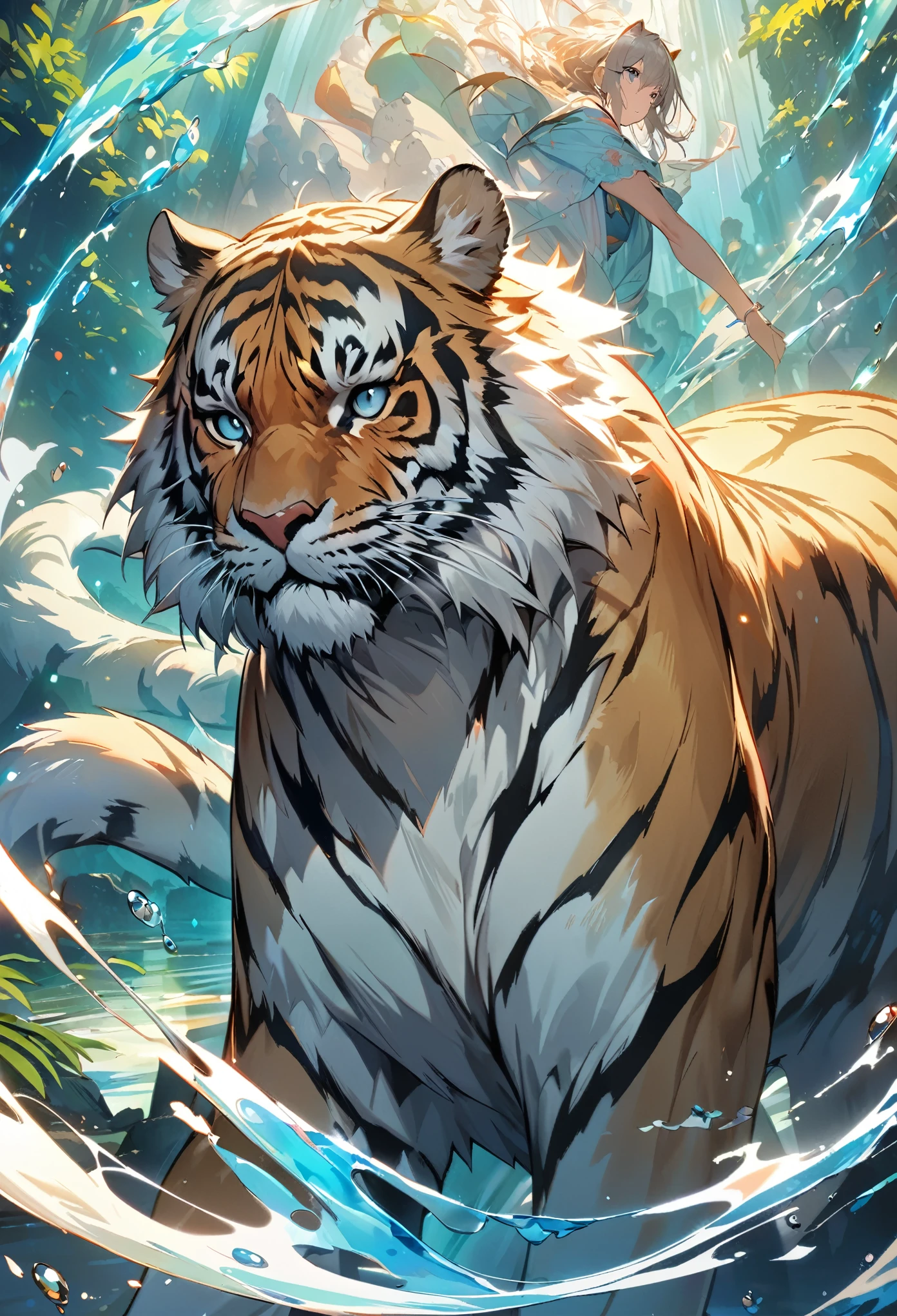 (masterpiece, top-quality, Official art:1.2)Look at view, tiger and girl, Tiger painting, A flash of light runs, Colorful water levitation(2D:1.5),