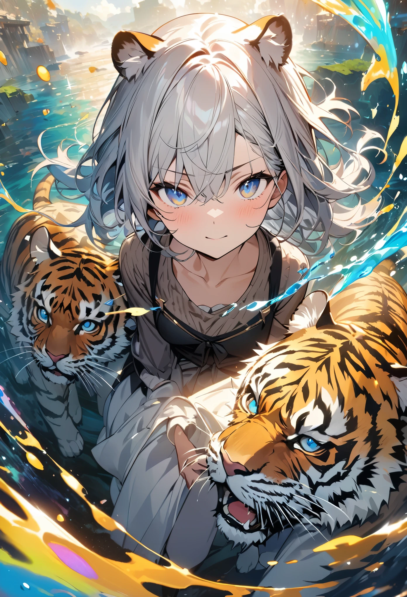 (​masterpiece, top-quality, Official art:1.2)Look at view, tiger and girl, Tiger painting, A flash of light runs, Colorful water levitation(2D:1.5),
