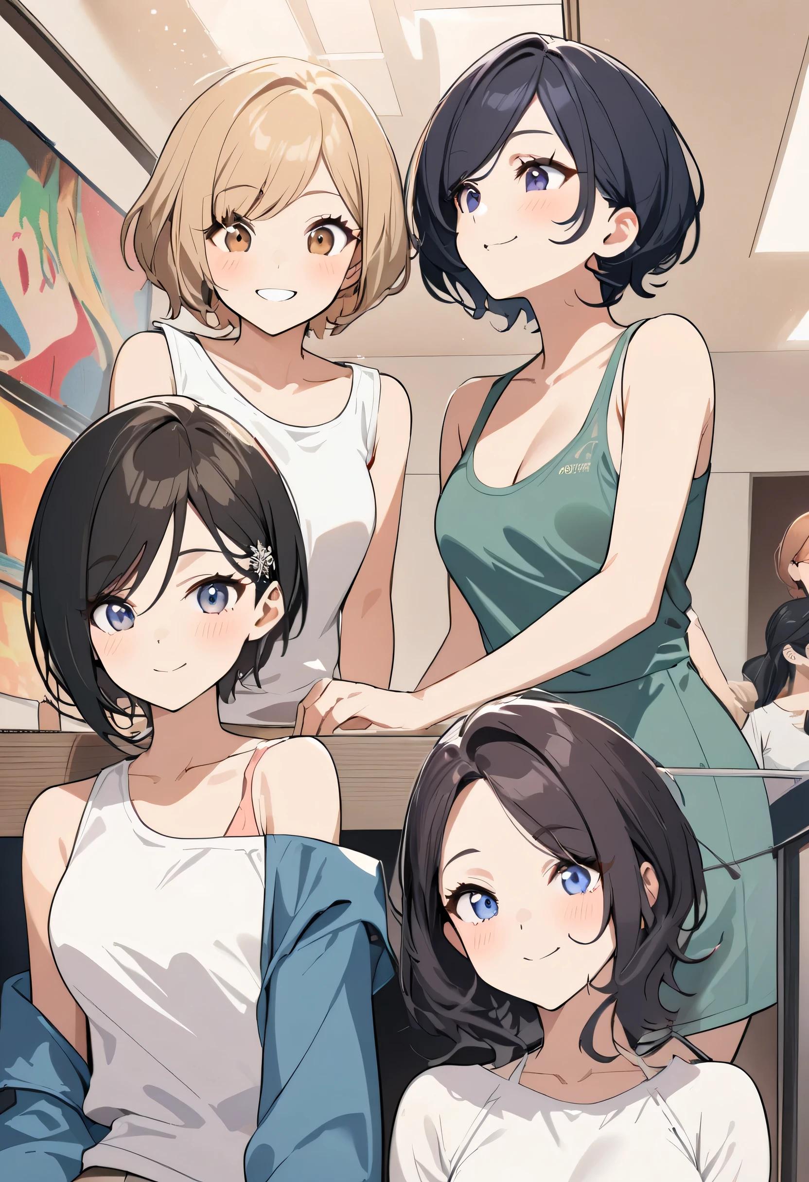 4 girls,Off-the-shoulder attire,multiple girls,image quality、posh,Short hair details,sidefellatio,ssmile,,Best Bust 100 Tank Tops、high high quality、visual art、Background and current situation