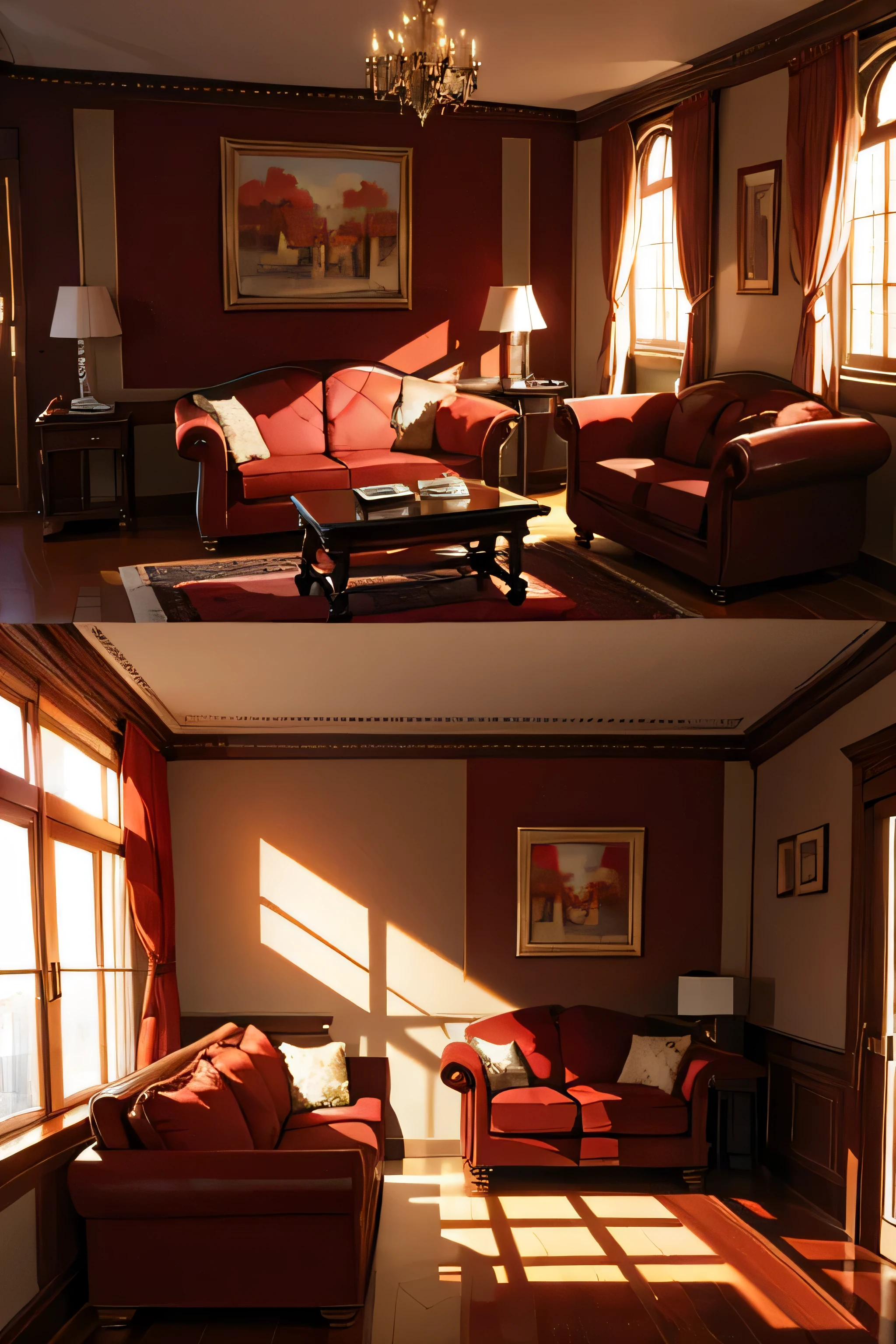 An empty room、　Mastepiece、High quality、Indiana、Luxurious sofa、Red luxury room、The sunlight shines