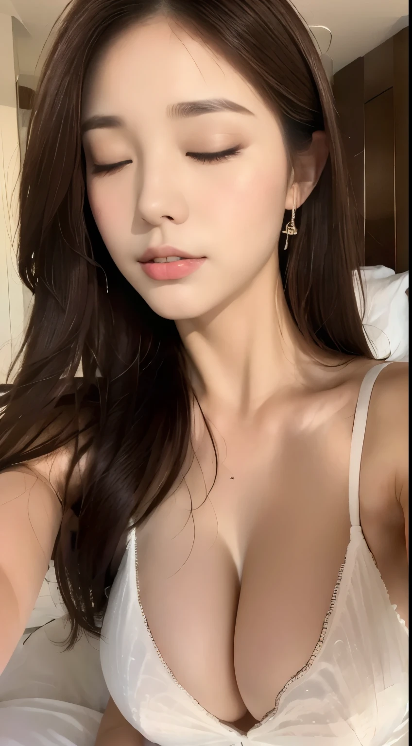 ((highest quality, 8k, masterpiece :1.3)), One Girl, Selfie, close, ((close your eyes:1.2)), NSFW:1.2,Slim face, Beautiful woman, (Dark brown hair), Big Breasts:1.4,White bra, Highly detailed face, fine grain, double eyelid, Blur the background, Slim face,On the hotel bed, Sleeping on your back