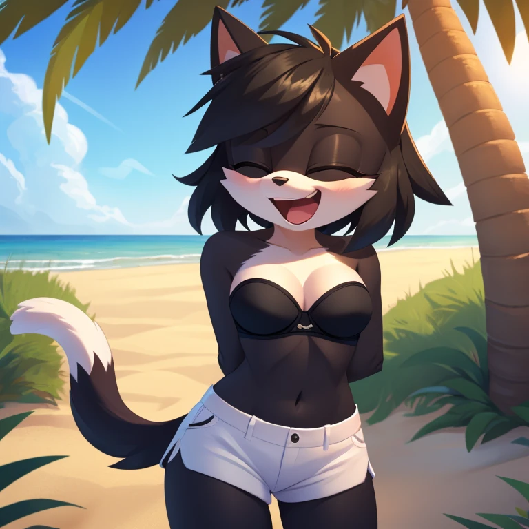 mobian cat, black fur, short hair, black hair, beach, female, 1girl, portrait, laughing, closed eyes, palm tree, grass, sand, standing, small breasts, strapless bra, cleavage, white shorts, arm behind back, Masterpiece, high quality, studio quality, intricate details, 4k, solo