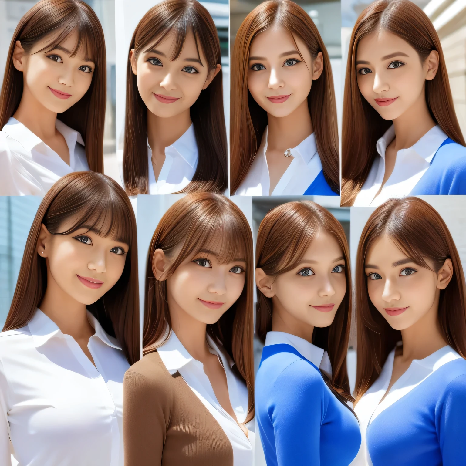 Group photo, Group photo, Very beautiful women, Highly detailed eyes, Highly detailed face, Sexy and highly detailed lips, Super detailed everything, Attractive woman, Black Choker, blue eyes, Very long eyelashes, bangs, Big Breasts, ((smile)), highest quality, masterpiece, ((Slim face)), Japanese actress, servant, ((High nose)), ((Tight shirt、See-through shirt)), Happy atmosphere, Fun smile, Conference tables、Bright lighting、White skin、palace