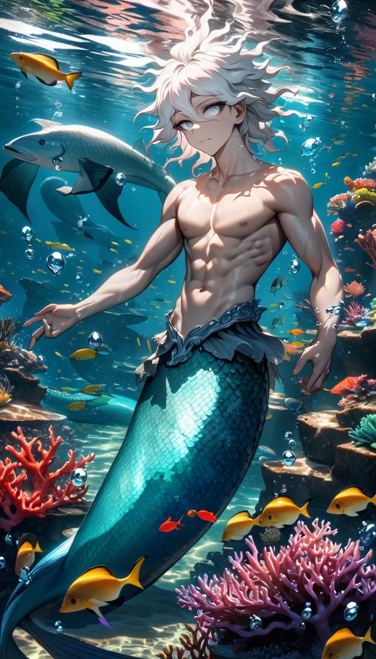 Young man, handsome, muscular, white skin with fish scales, flowing black hair, nude, deep sea, jellyfish, starfish, sea creatures, pastel