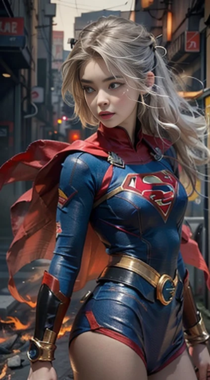 motor irreal:1.4,CG ultra realista K, Fotorrealista:1.4, textura da pele:1.4, Obra-prima:1.4,Linda mulher vestindo uma fantasia sexy de Supergirl, cabelo loiro e loiro, olhos azuis, underwear detailed background, fantasia super cyberpunk . cadeiras largas,An apocalyptic city of fire, mostrando barriga lisa,Mini-saia vermelha, ,beautiful thin hands,