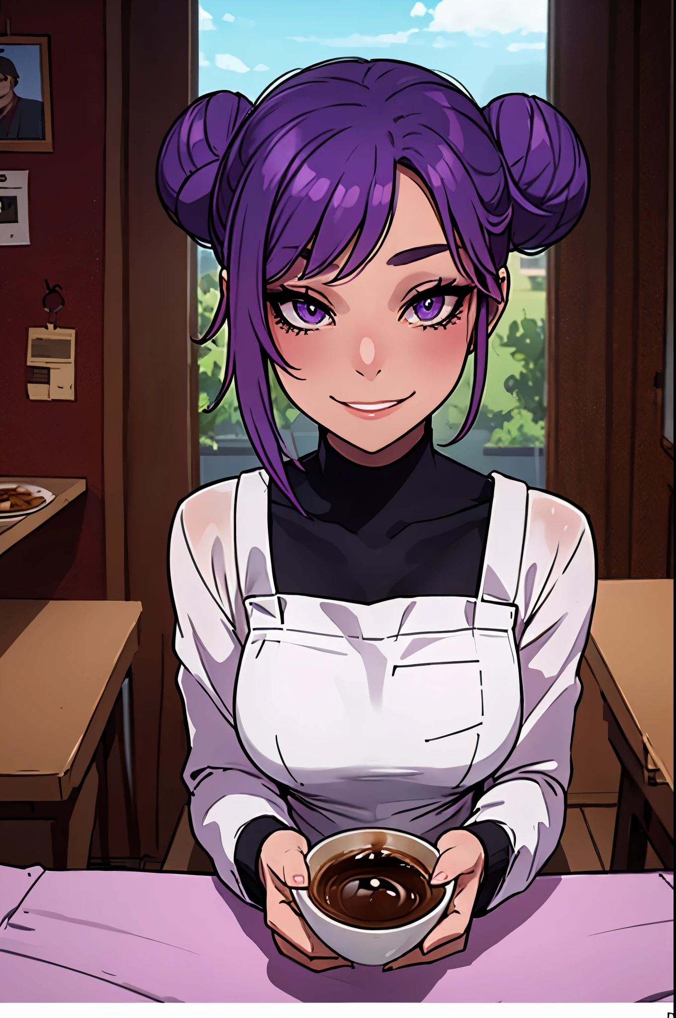 Masterpiece, best quality, 20 years old, college student, portrait, portrait style photo, female, dark sun tan skin, face in center of photo, excited expression, black long sleeve shirt with white apron, short, young, coffee cup,eyes winking, big smile,no make-up, barista, peach lips, space bun hair, pastel purple hair, cafe landscape, purple eyes, cute