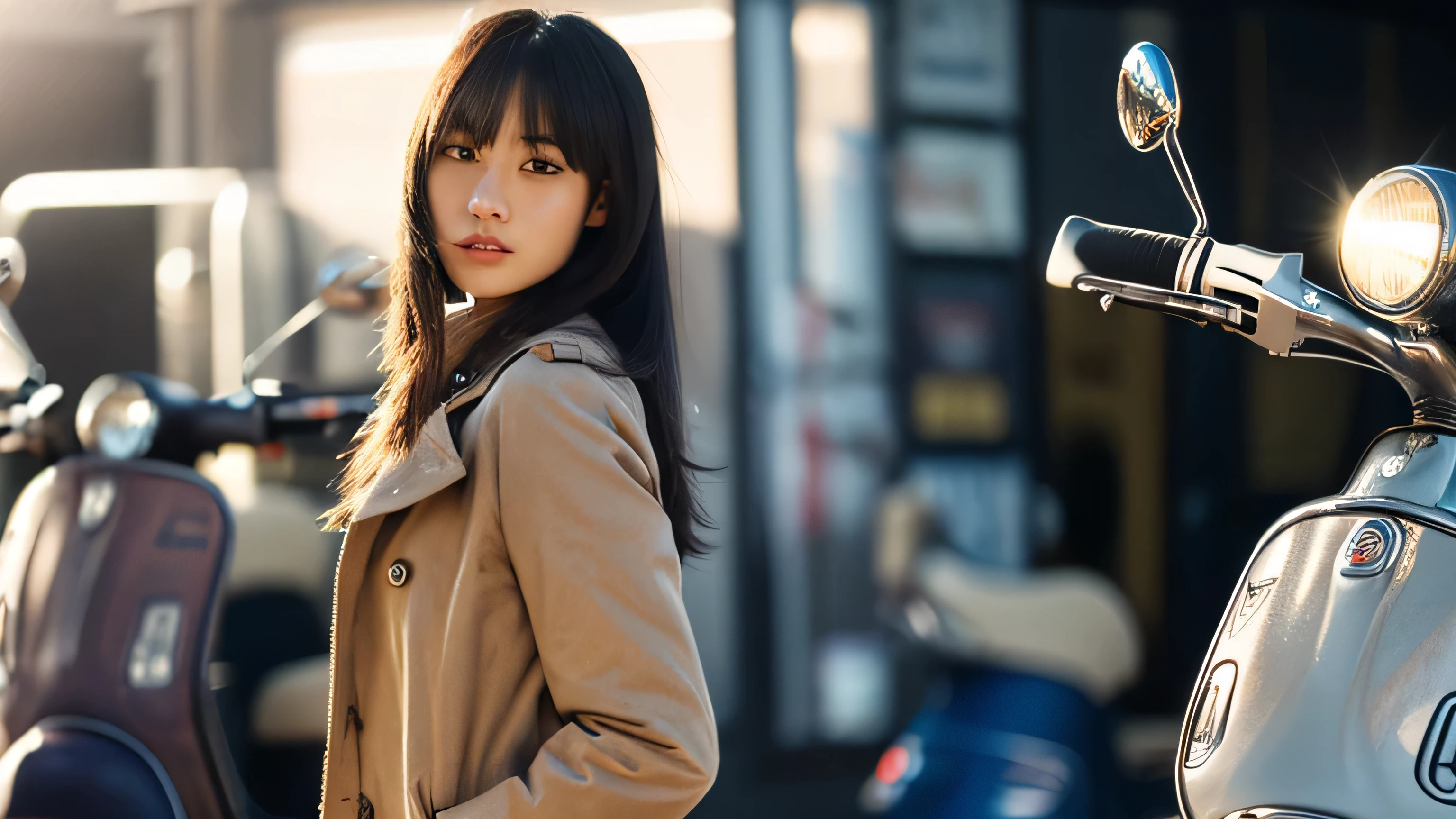 Masseter muscle area, highest quality, masterpiece, High resolution, Photorealistic, RAW Photos, 8K Wallpaper, perfection, Professional Lighting, Very detailed, Depth of written boundary, ((A beautiful Japanese woman)), ((26 years old)), ((On the beach at Brighton)), ((Wearing a khaki mod coat)), Detailed face, Beautiful Eyes, bangs, Shapely small breasts, Straight long hair with black hair, Faint lips,((Photograph the whole body)),((Slim body)),((Wearing Levi's 501)),(((Standing upright next to a silver Vespa scooter with lots of lights and mirrors))),