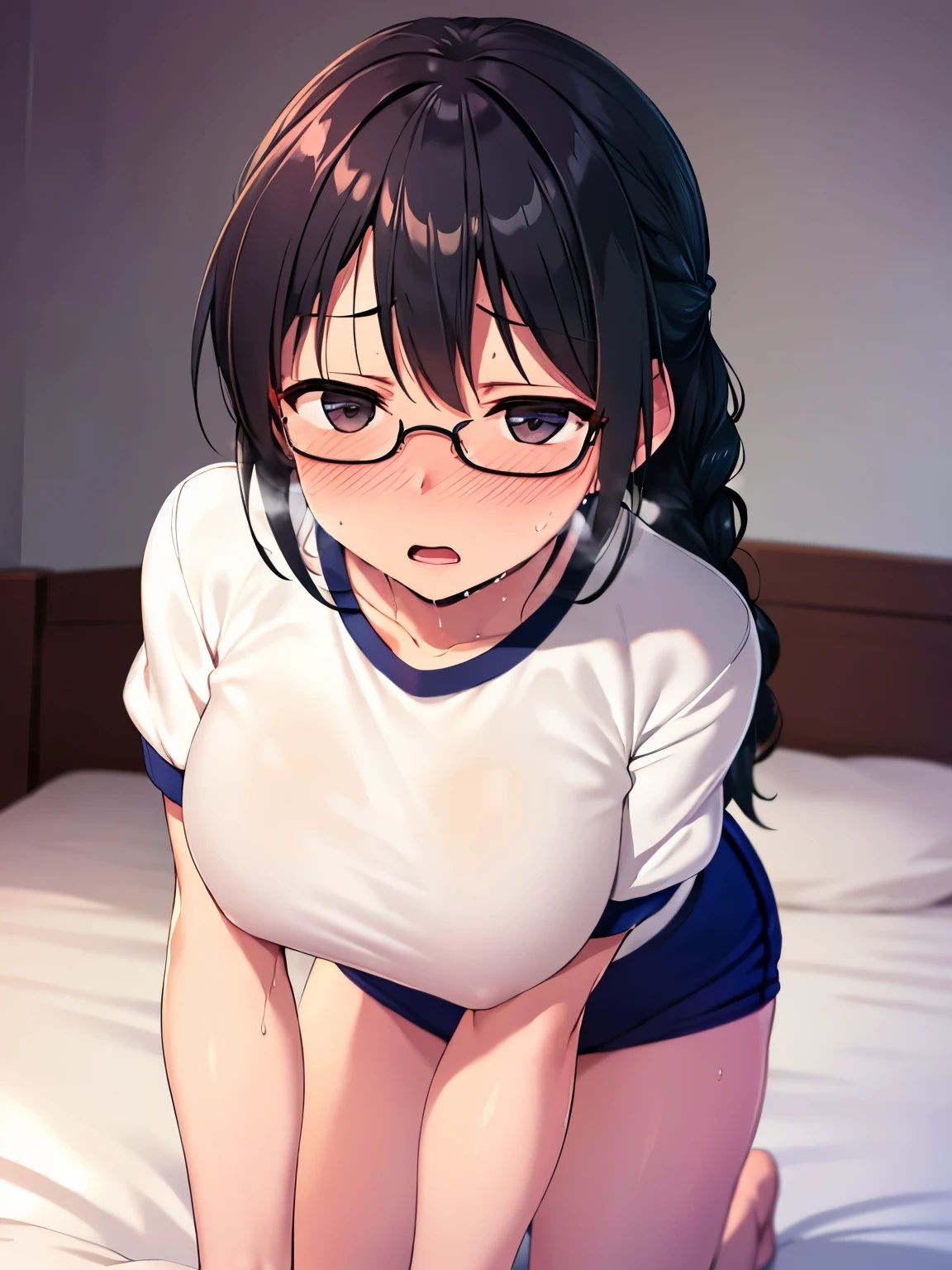 (8k, highest quality, masterpiece:1.2),High quality CG Unity 8k Large file size,Very detailed,High resolution,Beautiful Eyes,Ray Tracing,Dramatic Shadows,finely,Hyper Detail,(1 girl), two dimensional woman、Perfect body,
huge breast,
Black Hair, Braid, Glasses,
(blush, shy, sweat:1.2), tears, open mouth, Drooling,
Fever, Estrus,
gym uniform, white shirt, buruma,
On all fours,
in bedroom, on bed,