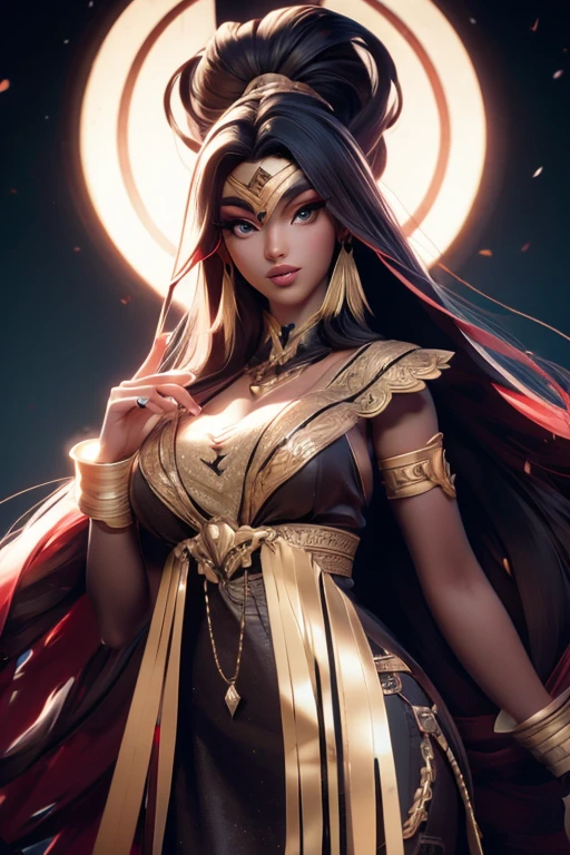 A woman in a costume with a large amount of hair "black material background, no skin, no hand, no finger, no fingers"