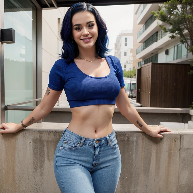 Katy Perry dressed in top and tight jeans smiling