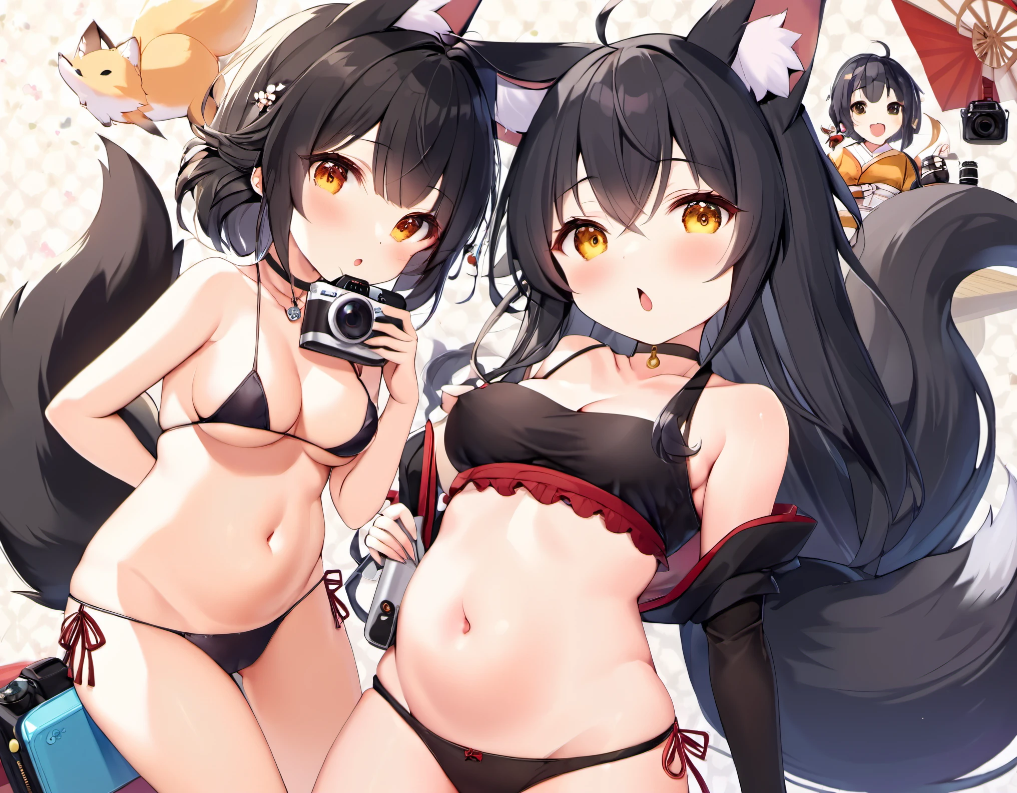 (Two Japanese girlasterpiece, 最high quality, high quality, High precision,Highly detailed 8K wallpapers、Innocence、Obedient、pure、（Hidden naughty date）、（girl、Slender body、hair ornaments、Fox Ears、Fox Tail、Black Hair、Shortcuts、Hair that grows to the shoulders、Slimming、beautifulなお腹、beautiful、beautiful girls、choker）、（短身Girl、she、Childhood friend）、From under the camera、((Child body type、Girl、squid belly、))、Deepthroat