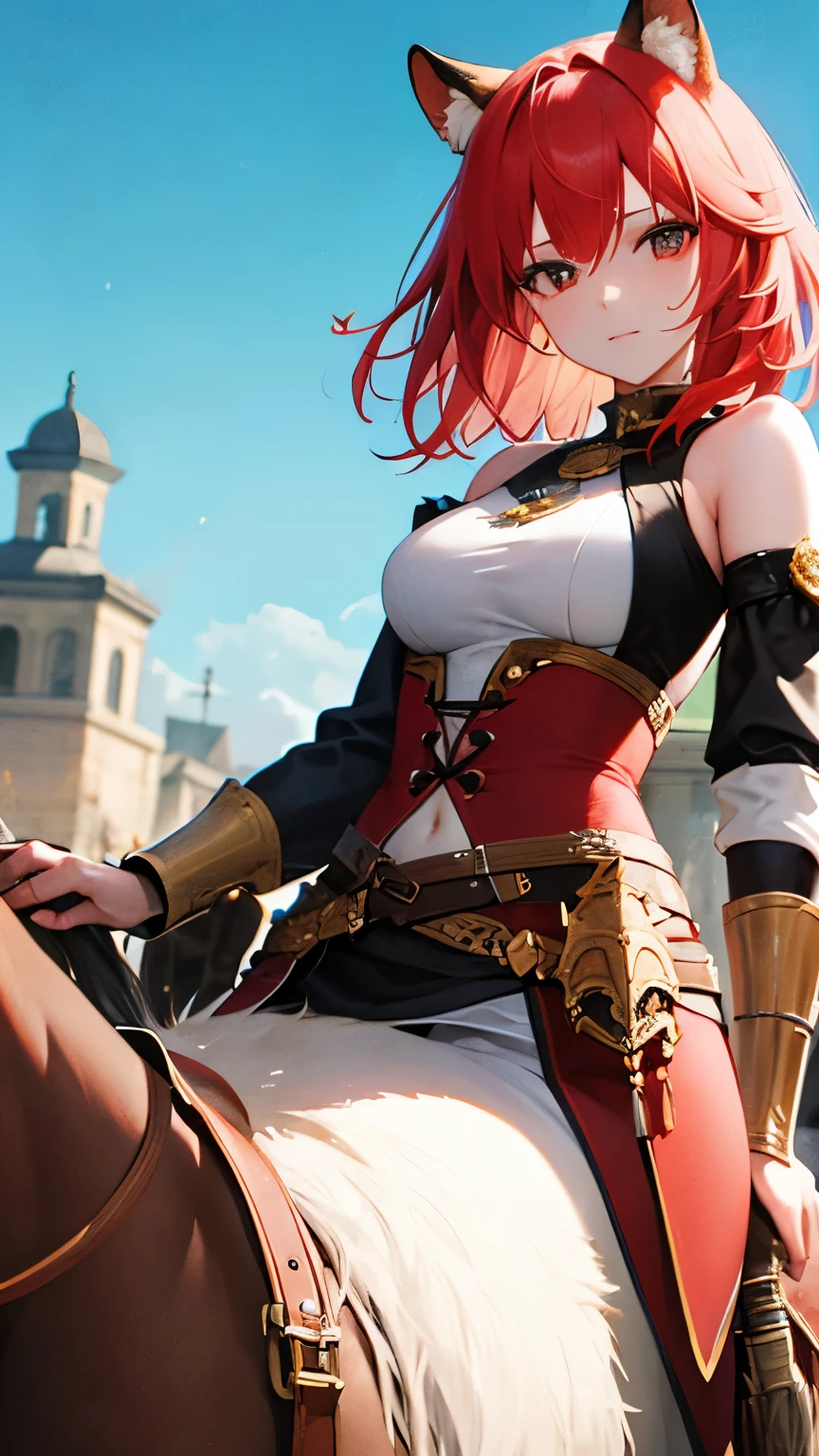 ((Best quality, 8k, Masterpiece: 1.3)), Sharp focus A beautiful woman with perfect body, Highly detailed face and skin texture, (Detailed eyes), red hair, medium hair, ((raccoon ears)), Jousting, (holding a lance on horseback,) cavalry, warhorse, long lance, wearing steel armor, riding a horse, amime style, fantasy novel
