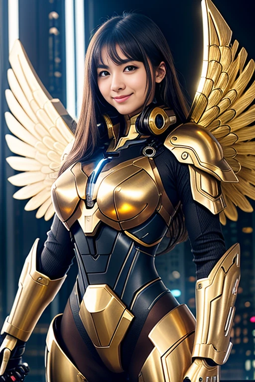 masterpiece,(bestquality),highlydetailed,ultra-detailed,1girl,(mechanicalwings:golden,glowingeyes:blue,goldenrarmor:1.2,elongatedears:0.8),(cyberpunkcity:1.5,weapon:energyblade),(fantasylandscape:1.2,natural lighting:1.5,confidentexpression),(panorama:1.2),mecha, smile,angle,Angels, wings,gold,raw,close up