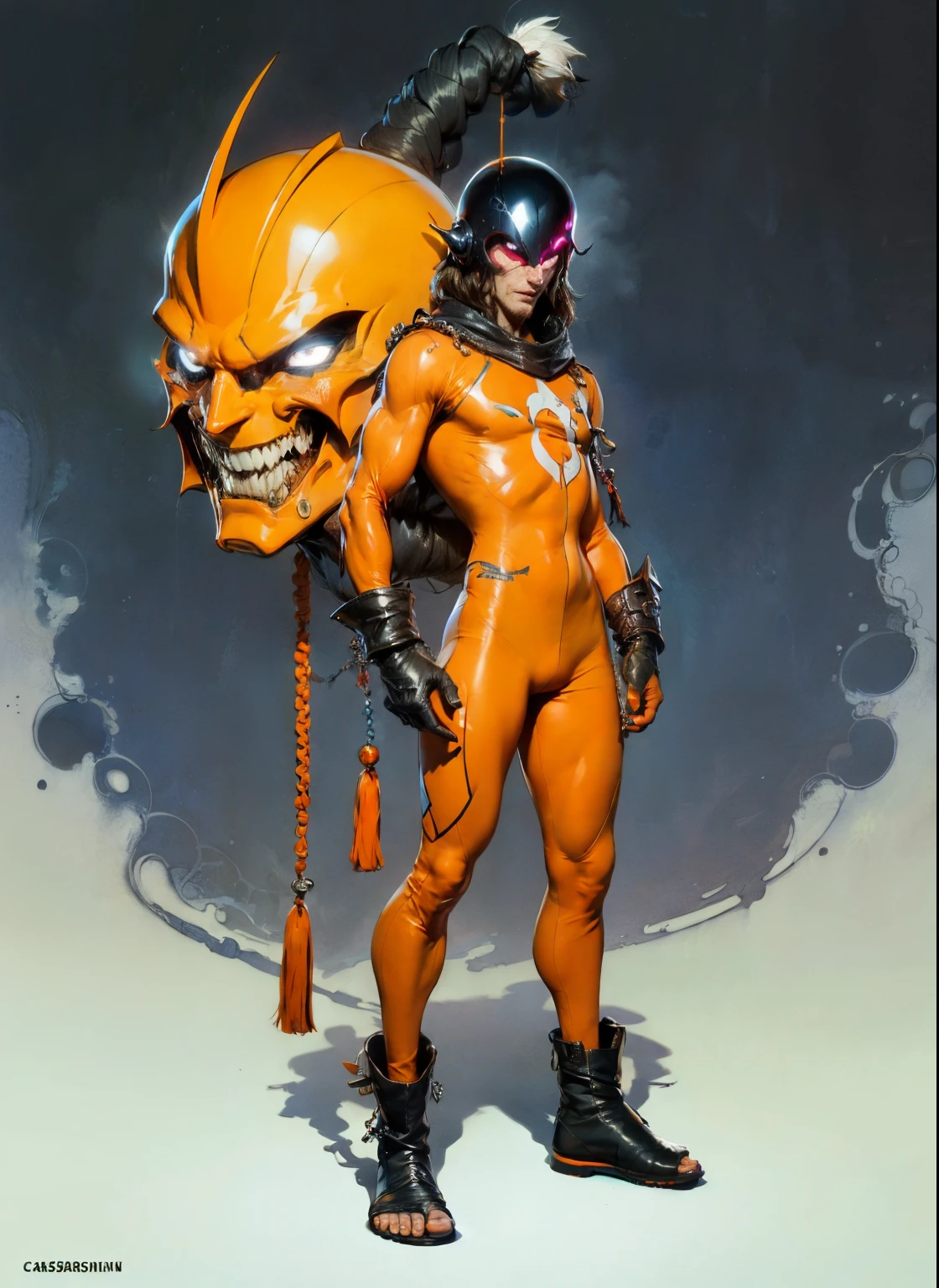 perfect proportions, anatomically correct, (head to toe: 2.0), (full body image: 2.0), solo, (Casshern: 1.6), extremely stylized, deviant art, masterpiece, highly detailed, detailed eyes, expressive detailed eyes, detailed pupils, futuristic, ((1950s scifi helmet)), ((pointy helmet)), Rubber Gloss, (orange skinsuit:1.4), white boots, entire body image, full body shot, nvinkpunk, professional photograph of alexander_skarsgard, tassles, large beads, large tassels, navy blue and white, cyberpunk, inkpunk, paint platter, ink splatter, (action pose:1.0)