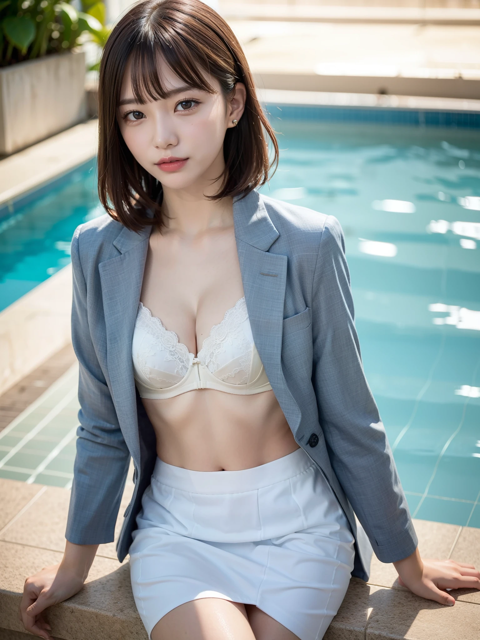 ((Best of the highest quality, 8k, Masterpiece: 1.3, raw photo)), Sharp focus: 1.2, (1 AESPA, slim body type female, 21 y/o: 1.1), (Solo: 1.2), (realistic, photo-realistic:1.37), face focus, cute face, finely eyes, (small breasts, flat chest, Thigh: 1.3), (short messy hair, bangs, updo: 1.28), (business suit, skirt, neat bra: 1.32), sitting in the pool, flower, rose