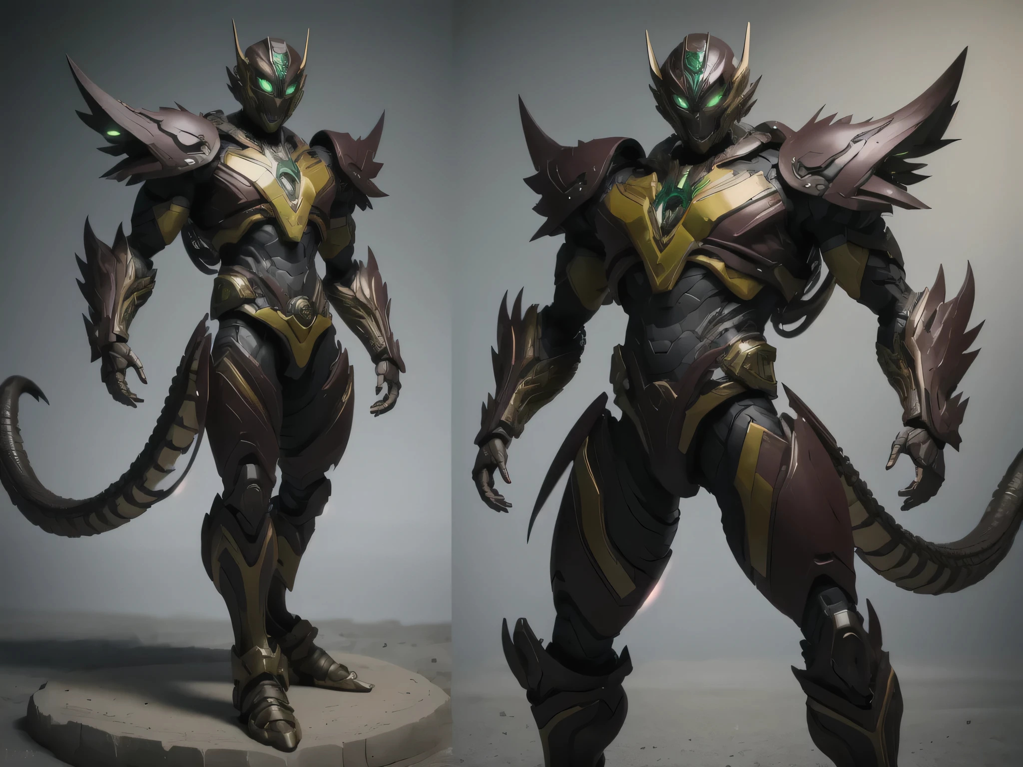 ((best quality)), ((masterpiece)), (detailed), perfect face, Yellow and Green and Brown and Black, Cobra Power Ranger, Sand surrounding, Single person, Sleek Cobra Armor, Full Body, Cobra Base, Kamen Rider, 1 male, Venomous Fangs
