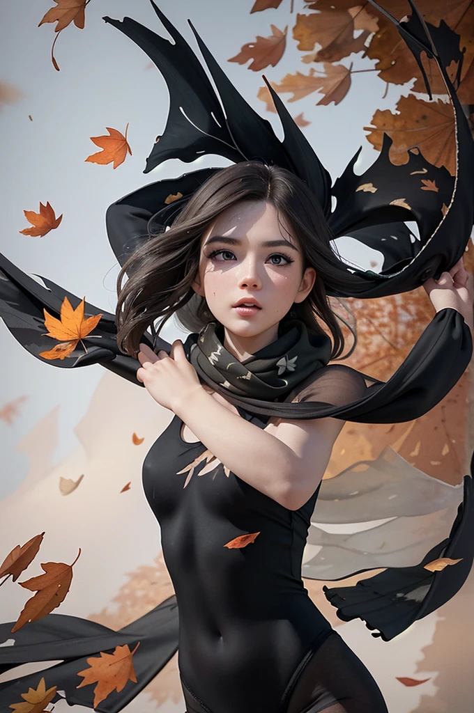 masterpiece, highly detailed, ultra realistic, watercolor and ink painting, dancing young woman in (black:1.0) maillot, thin muscular body, long hair blowing in the wind, (falling leaves background:1.5), colorful, sheer fabric scarf blowing in the wind cr1styren, perfecteyes eyes